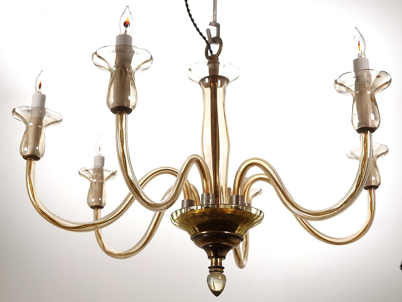 6 Arm Murano Champagne Amber Glass Chandelier In Good Condition In Peekskill, NY