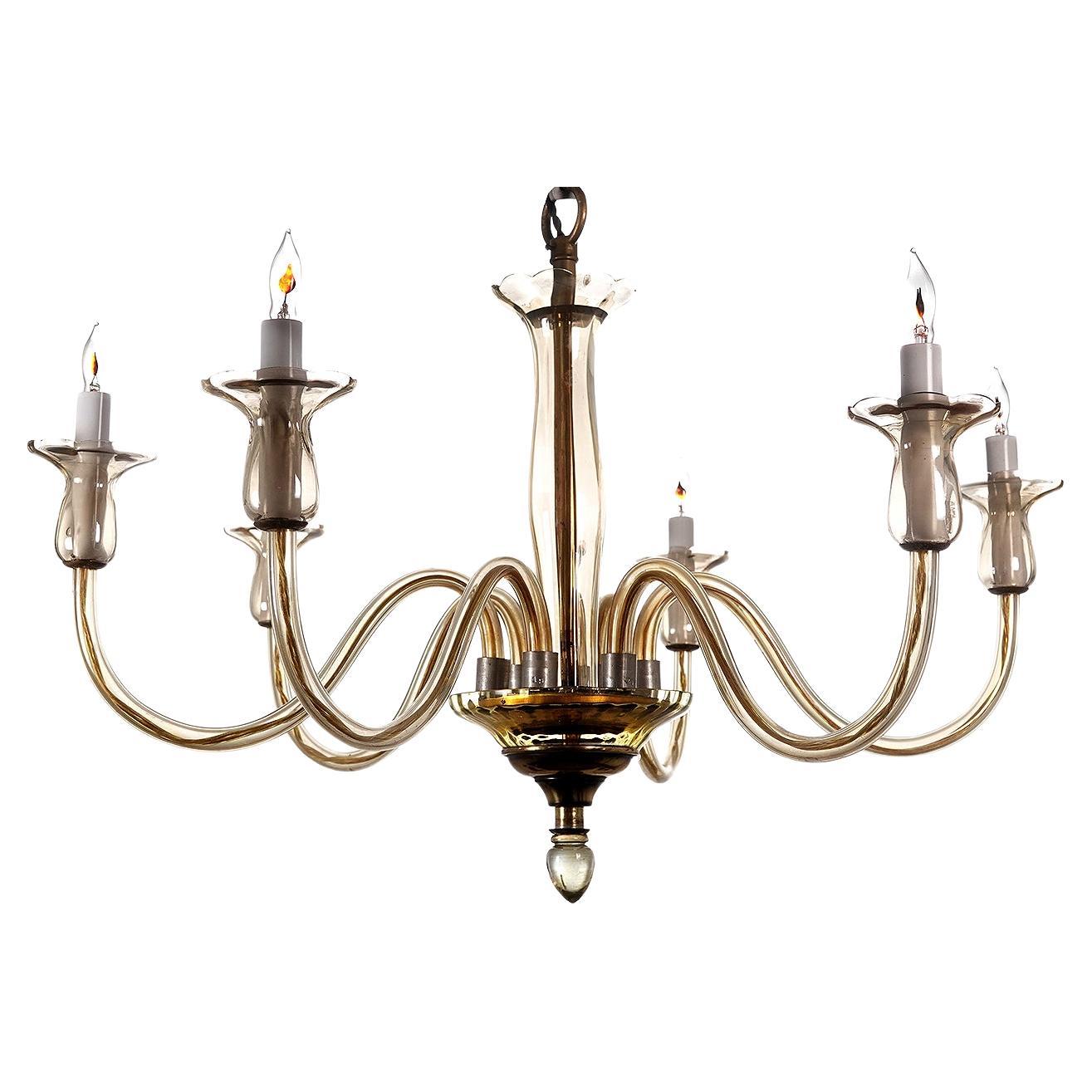 6 Arm Murano Champagne Amber Glass Chandelier For Sale