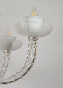 6 Arm Murano Clear & White Latticino Glass Chandelier