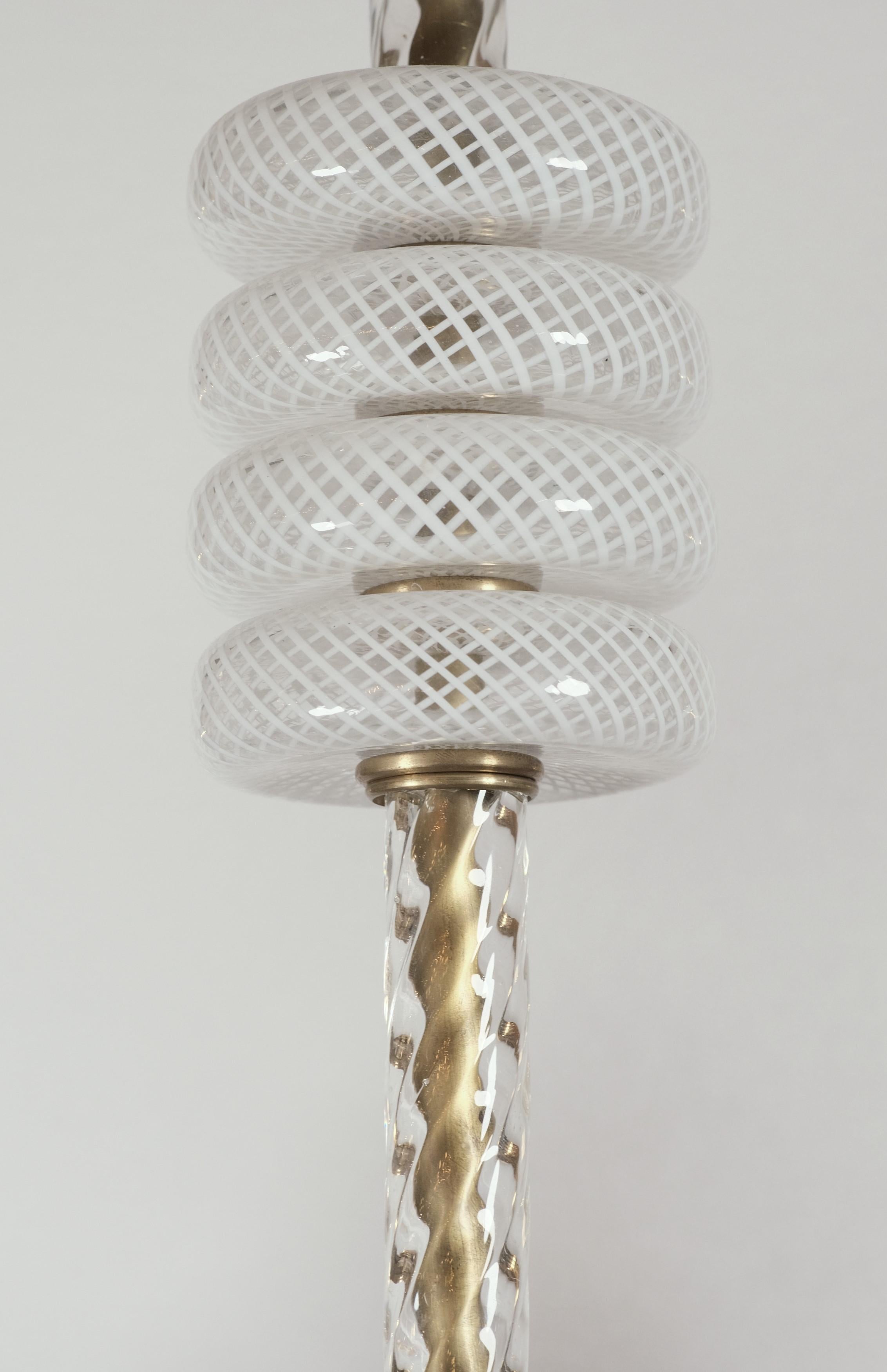 6 Arm Murano Clear & White Latticino Glass Chandelier In Good Condition For Sale In New York, NY