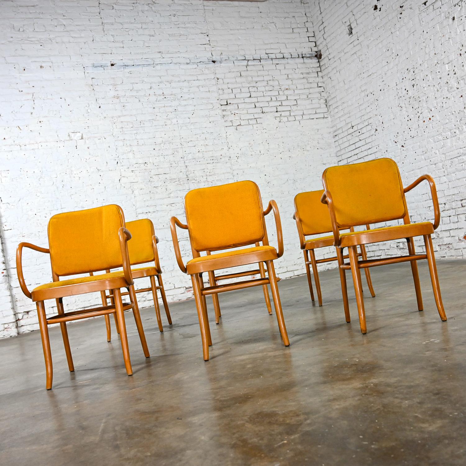 6 Armed Bauhaus Beech Bentwood J Hoffman Prague 811 Dining Chairs Style Thonet In Good Condition For Sale In Topeka, KS