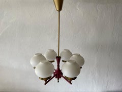 6 Armed Burgundy Brass Glass Pendant Lamp by Hans-Agne Jakobsson, 1960s, Sweden