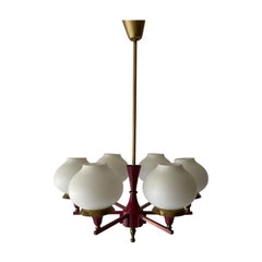 6 Armed Burgundy Brass Glass Pendant Lamp by Hans-Agne Jakobsson, 1960s, Sweden