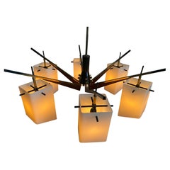 6-Armed Chandelier with Frosted Glass Shades, Stilux, Italy, 1960s