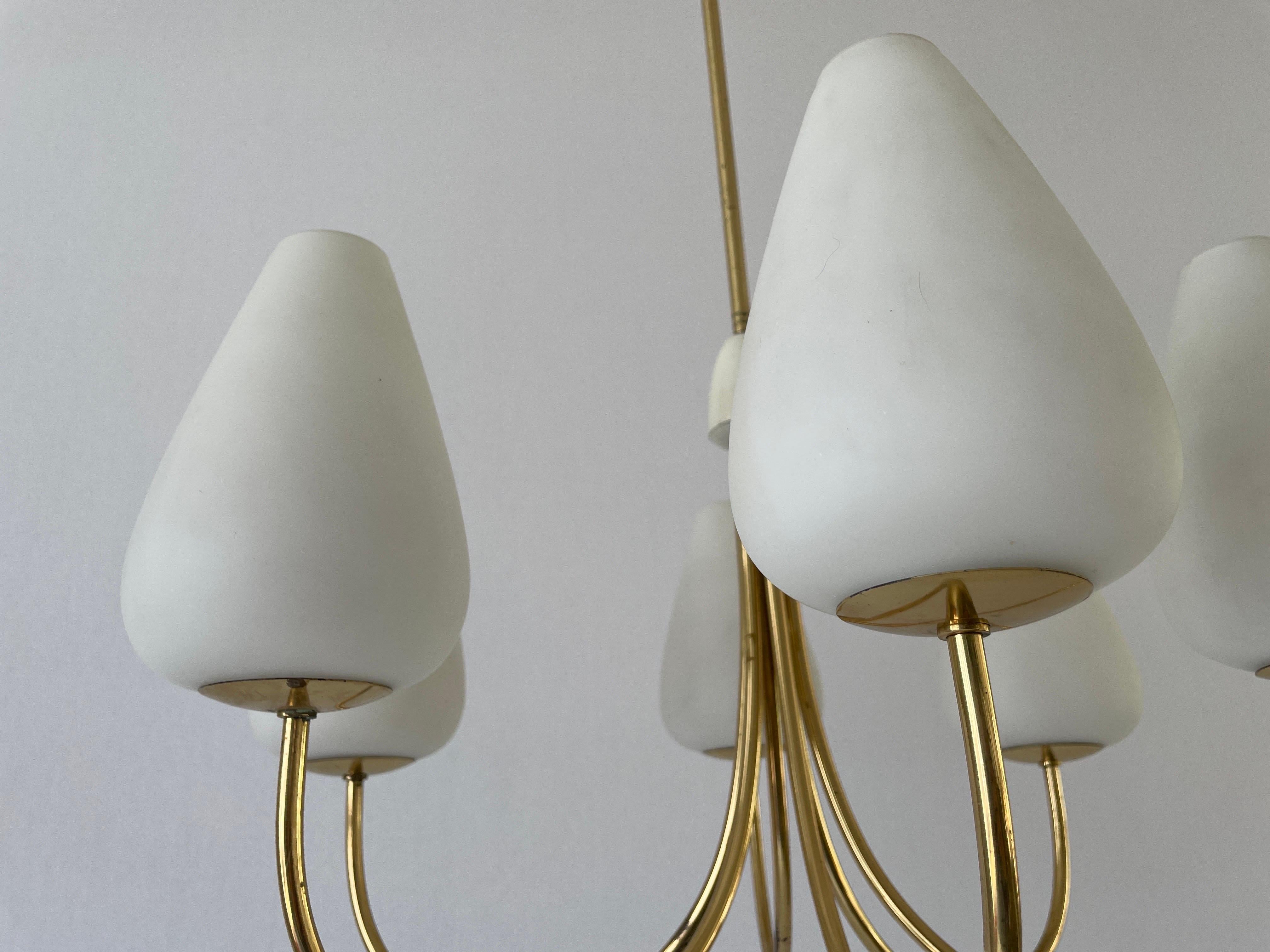 Mid-20th Century 6-armed Glass and Brass Sputnik Chandelier by Kaiser Leuchten, Germany, 1960s For Sale
