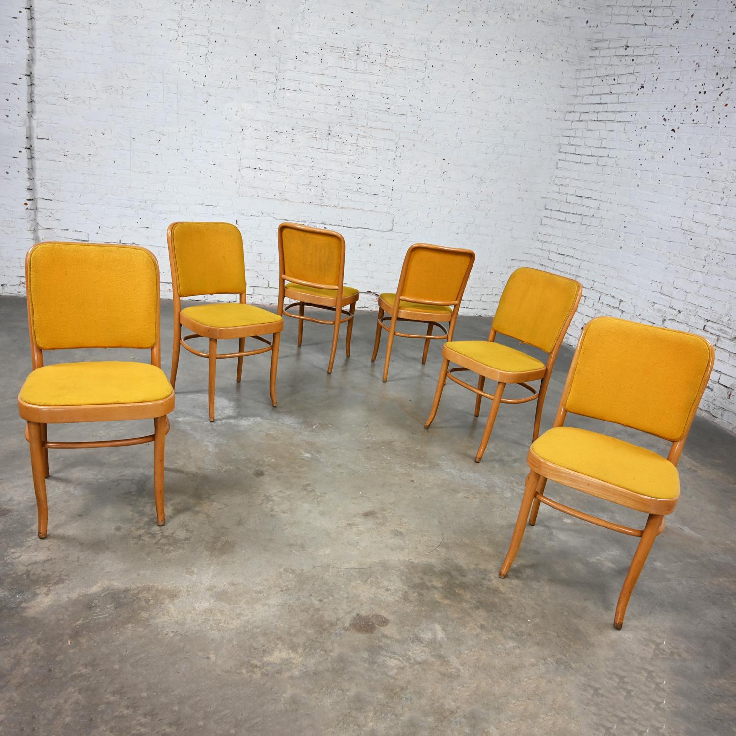 Tissu 6 chaises de salle à manger Bauhaus sans accoudoirs Hoffman Prague 811 style Thonet en vente
