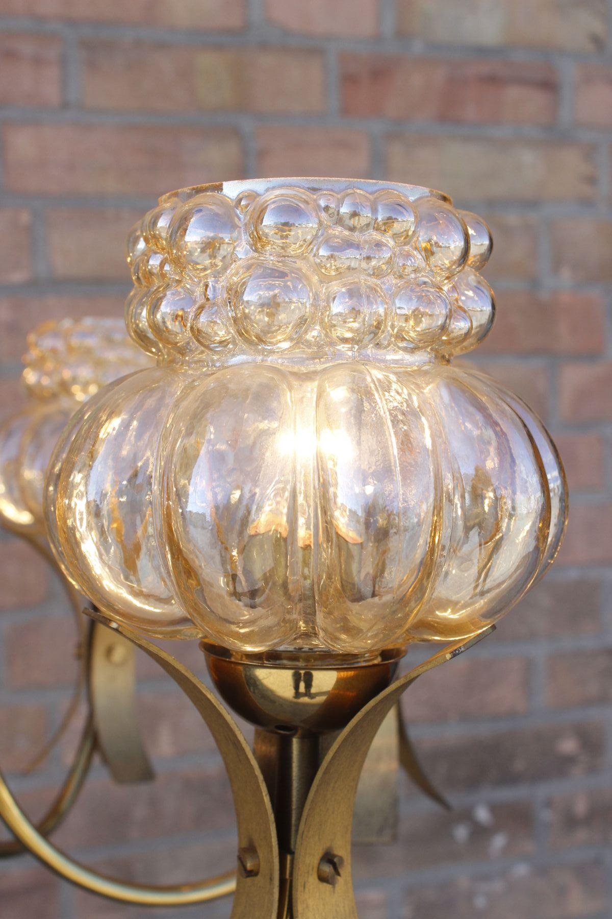 Brass 6 Arms bubble glass chandelier in the style of Helena Tynell, 1970s For Sale