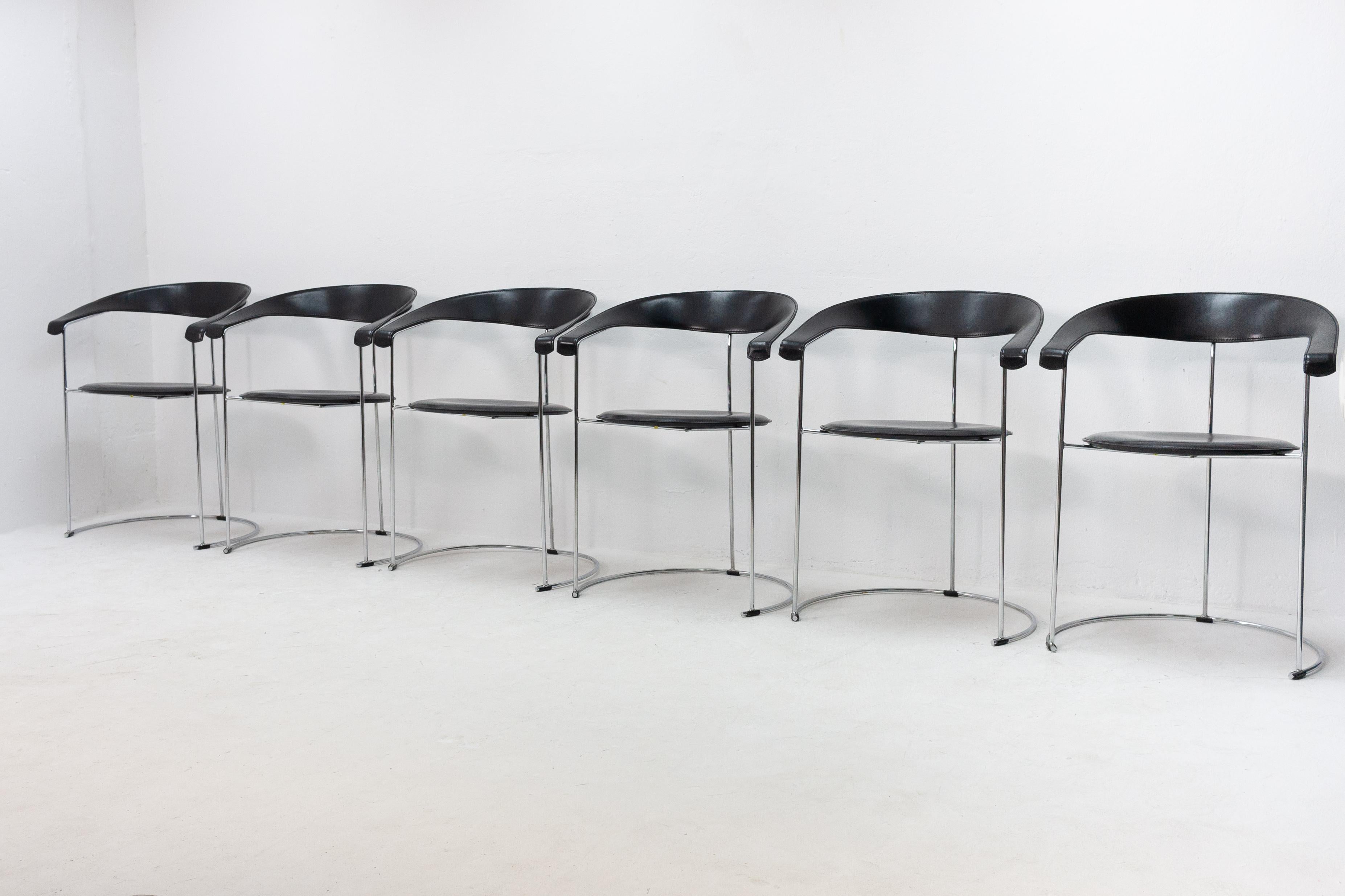 A unique change to acquirer 6 Arrben Canasta chairs .All 6 in a superb condition .These are the first generation off the Arrben chairs .Metal chrome with black saddle leather seat and back Carpe Articulum Interior and Decorative Antiques has