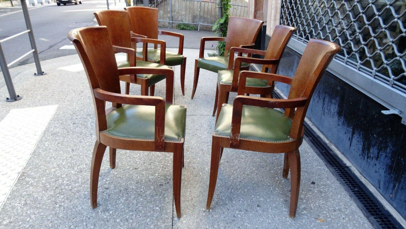 French 6 Art Deco Armchairs in walnut and Elm Burl, circa 1930 For Sale