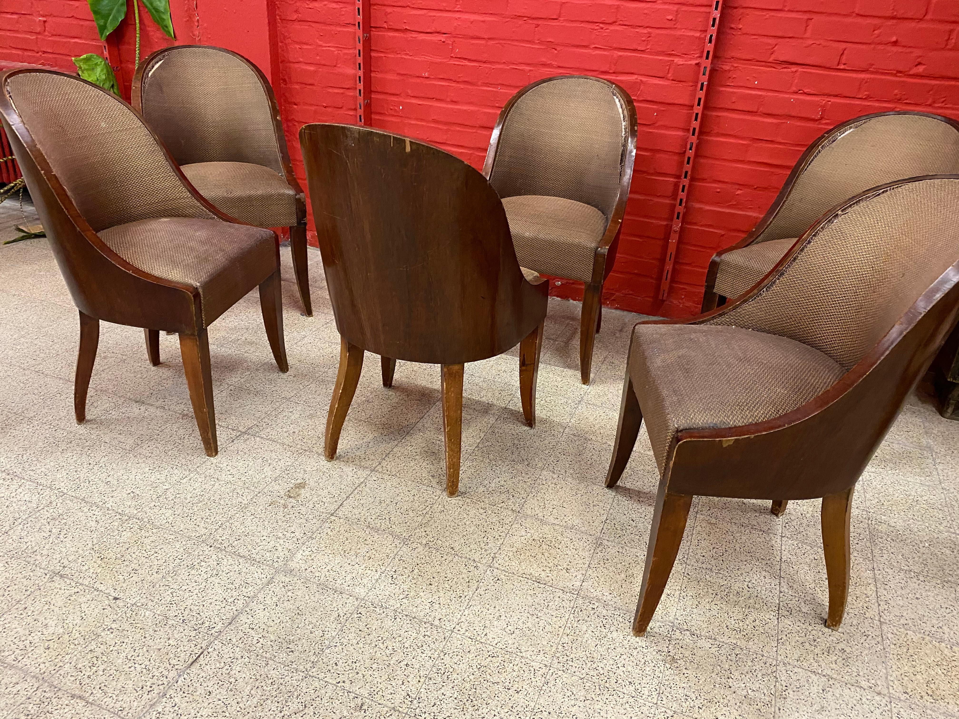 French 6 Art Deco Chairs, Gondola Back, circa 1930 For Sale