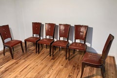 6 Art Deco Chairs with Red Leather from France Around 1930