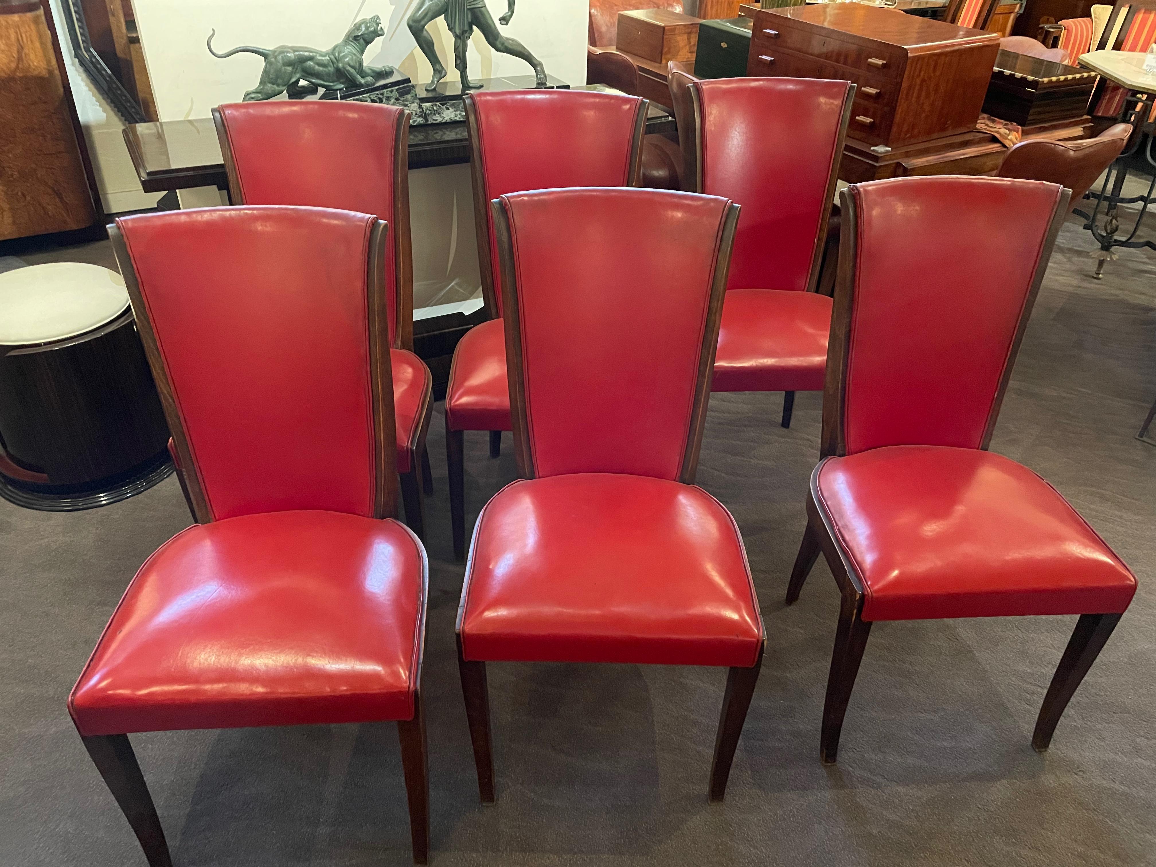 6 Art Deco French dining room or side chairs. Original condition and very interesting frame design with tapered elongated backs. Original fabric in nice condition but does show slight signs of 90 years old. Could be easily replaced but the chairs