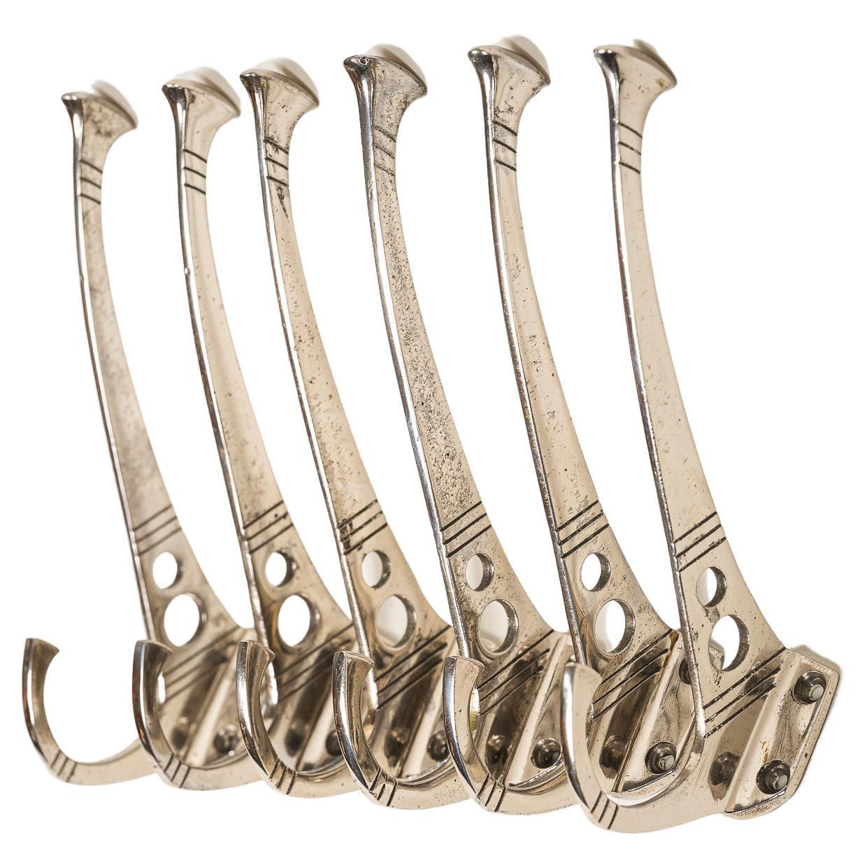 6 Art Deco Hooks Nickel, Plated Around 1920