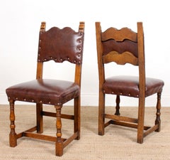 6 Arts & Crafts Oak Leather Dining Chairs, 19th Century