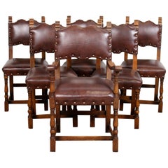 Antique 6 Arts & Crafts Oak Leather Dining Chairs, 19th Century
