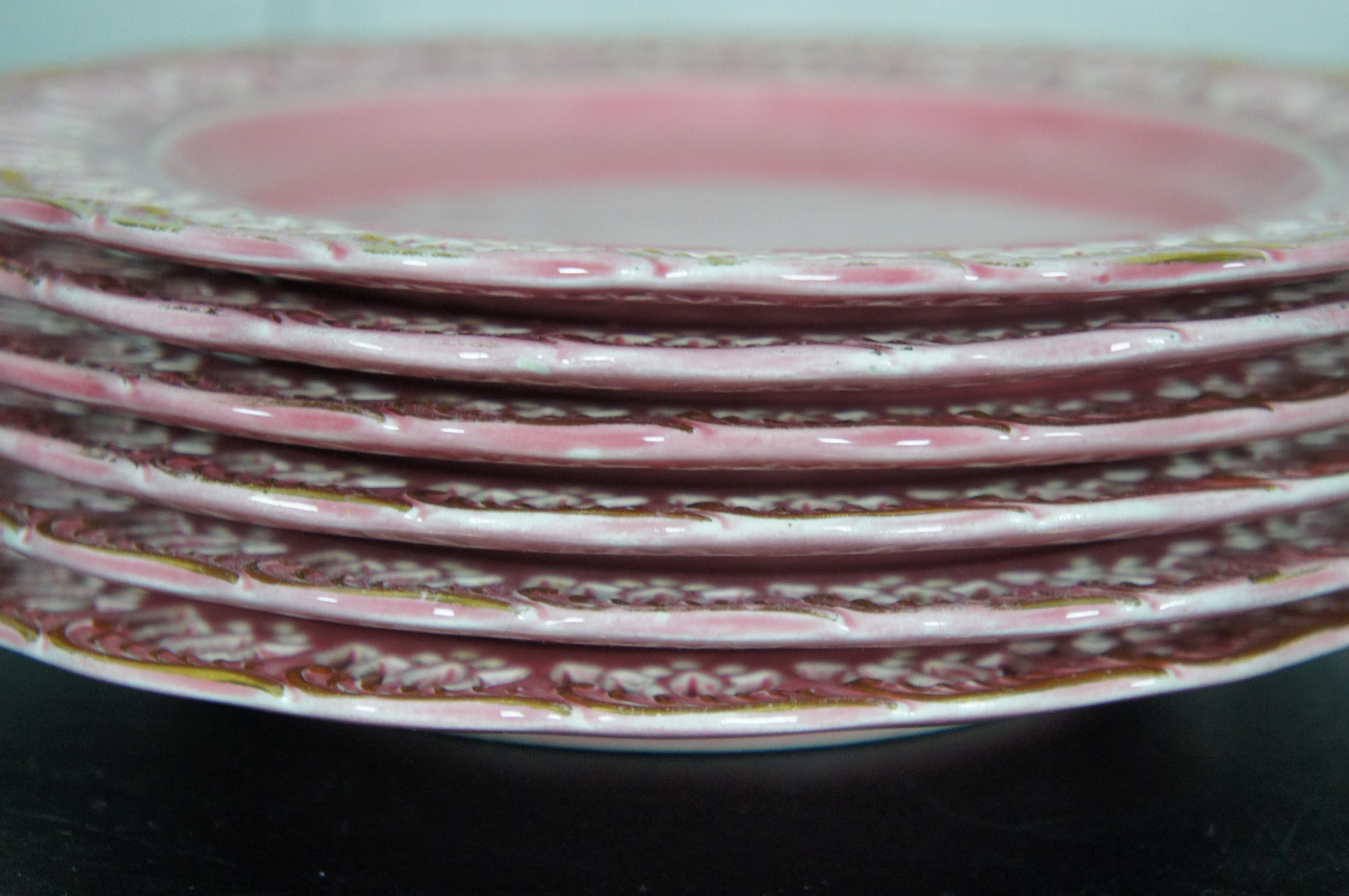 Late Victorian 6 Austrian Hungarian Pink Scalloped Pierced Reticulated Lotus Flower Plates 8.5