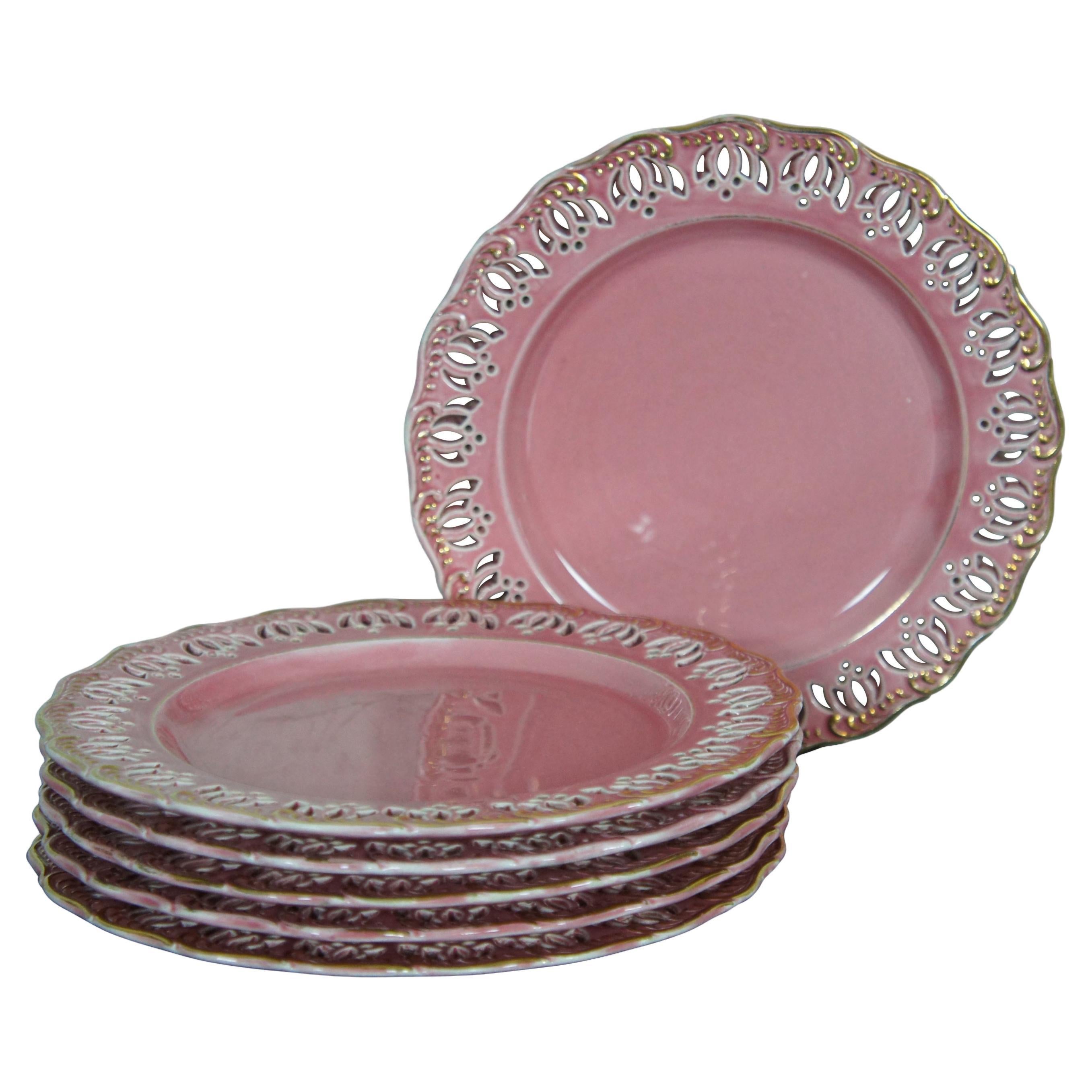 6 Austrian Hungarian Pink Scalloped Pierced Reticulated Lotus Flower Plates 8.5" For Sale