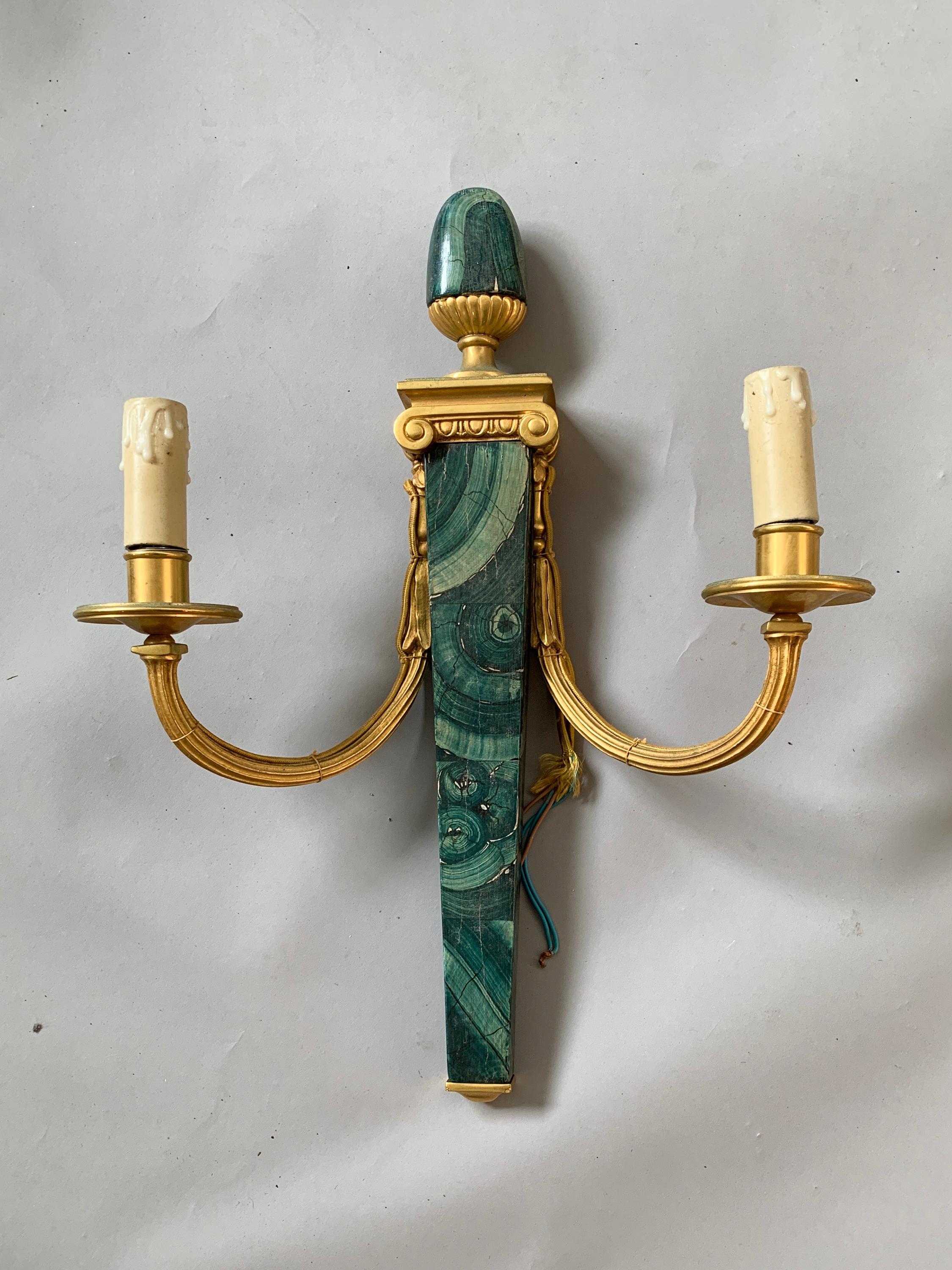 6 Available Hand Painted Faux Malachite Wall Sconces For Sale 3