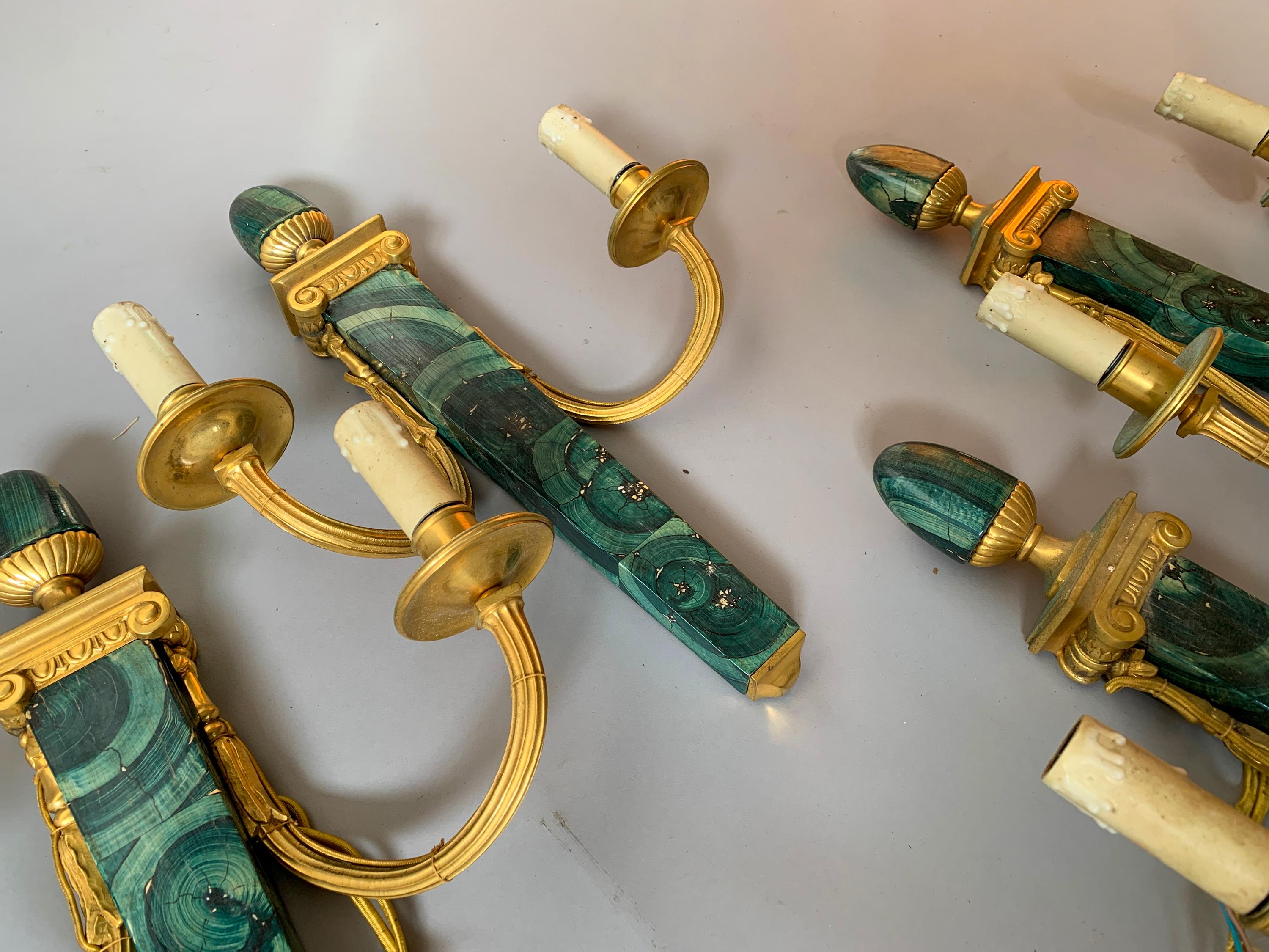 6 Available Hand Painted Faux Malachite Wall Sconces For Sale 4