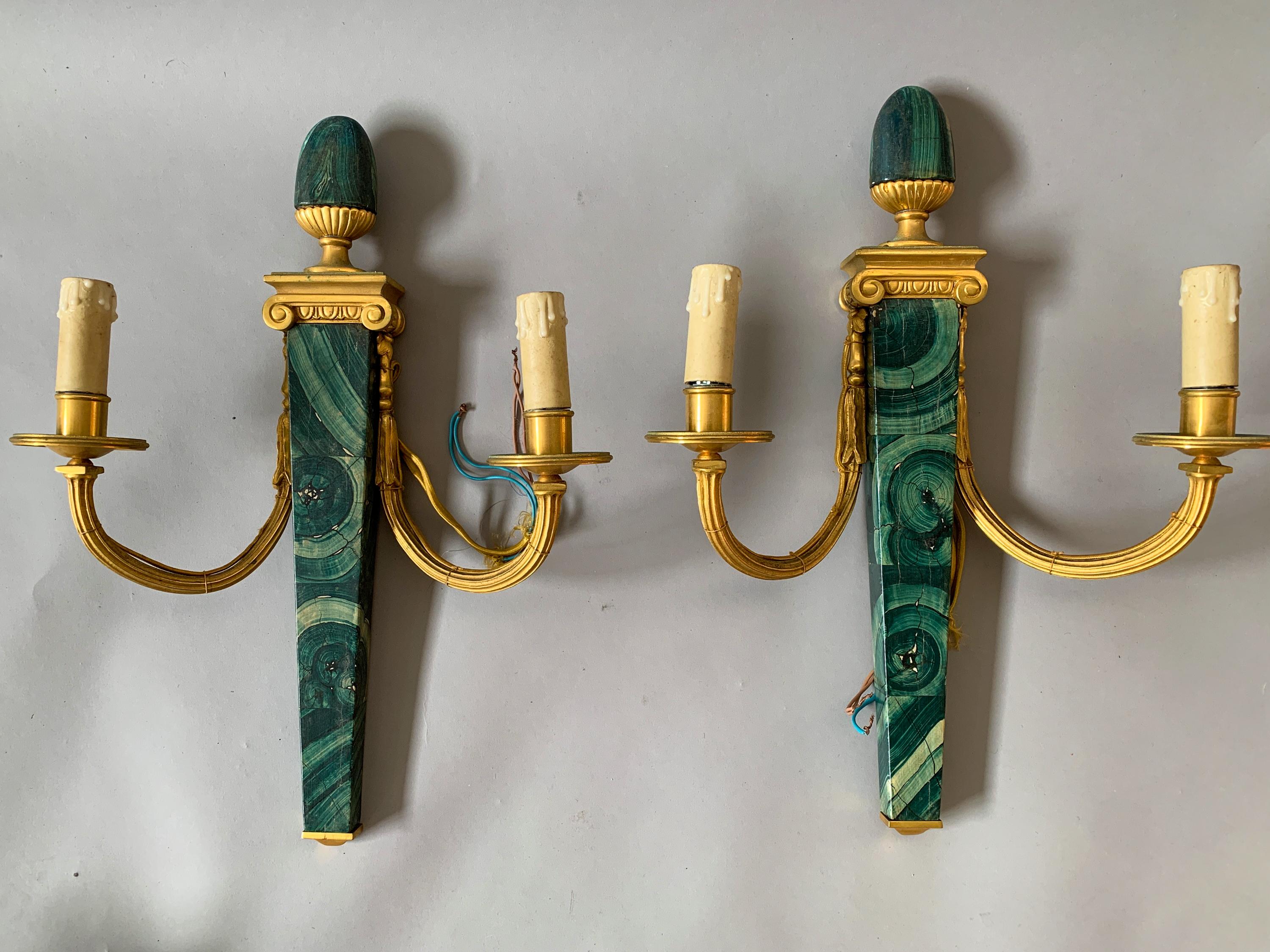 Art Deco 6 Available Hand Painted Faux Malachite Wall Sconces For Sale