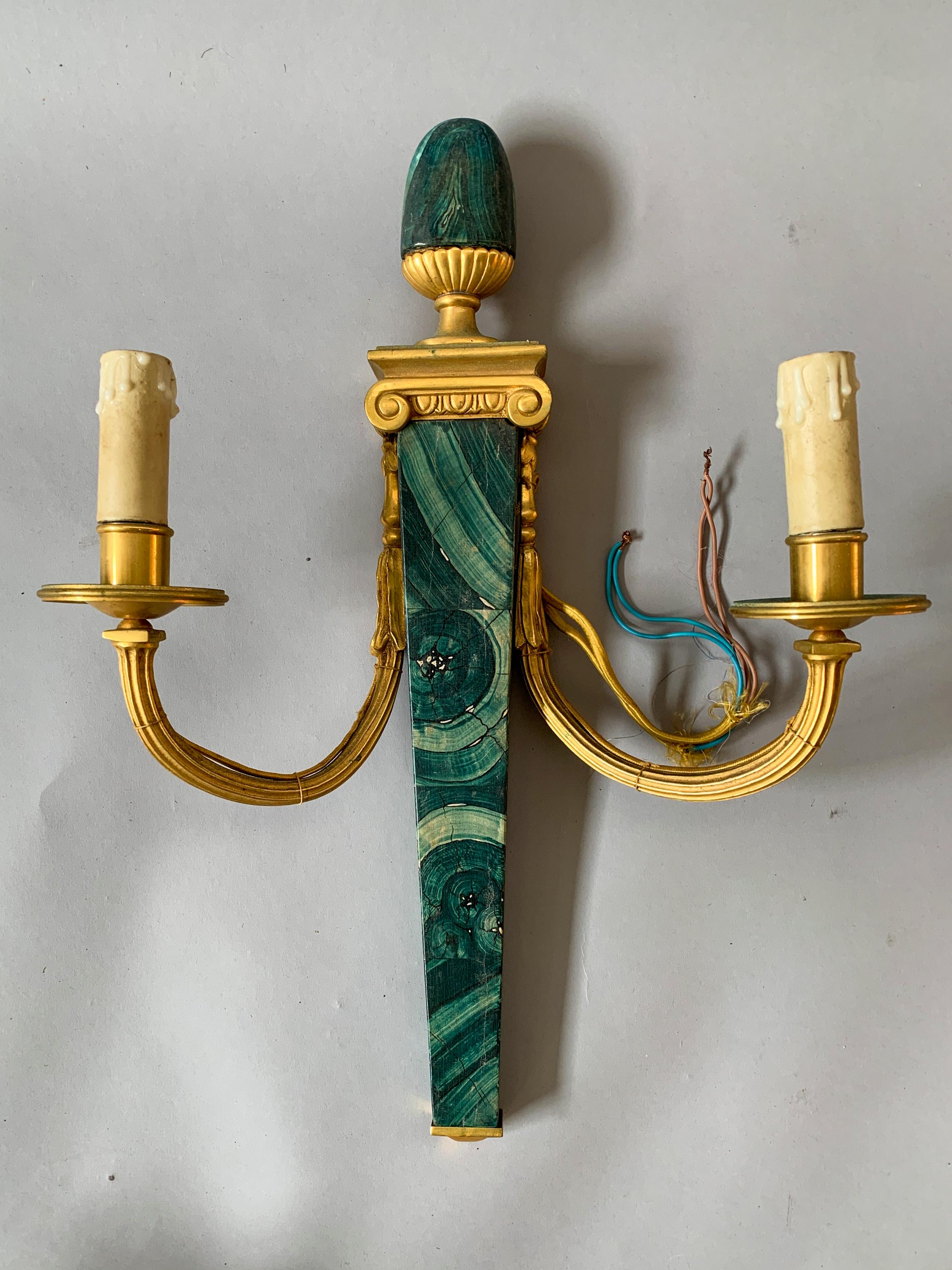 French 6 Available Hand Painted Faux Malachite Wall Sconces For Sale