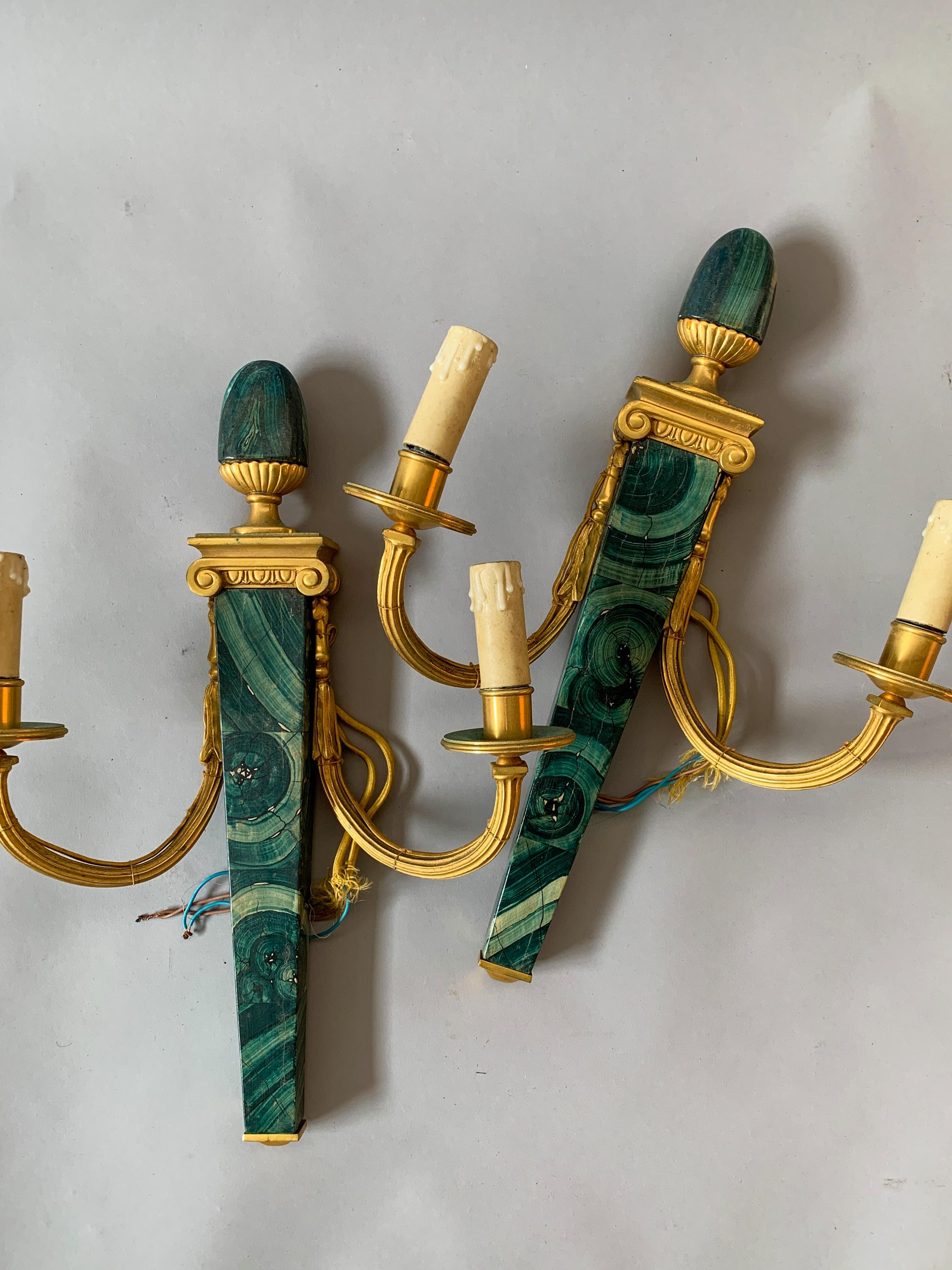 Wood 6 Available Hand Painted Faux Malachite Wall Sconces For Sale