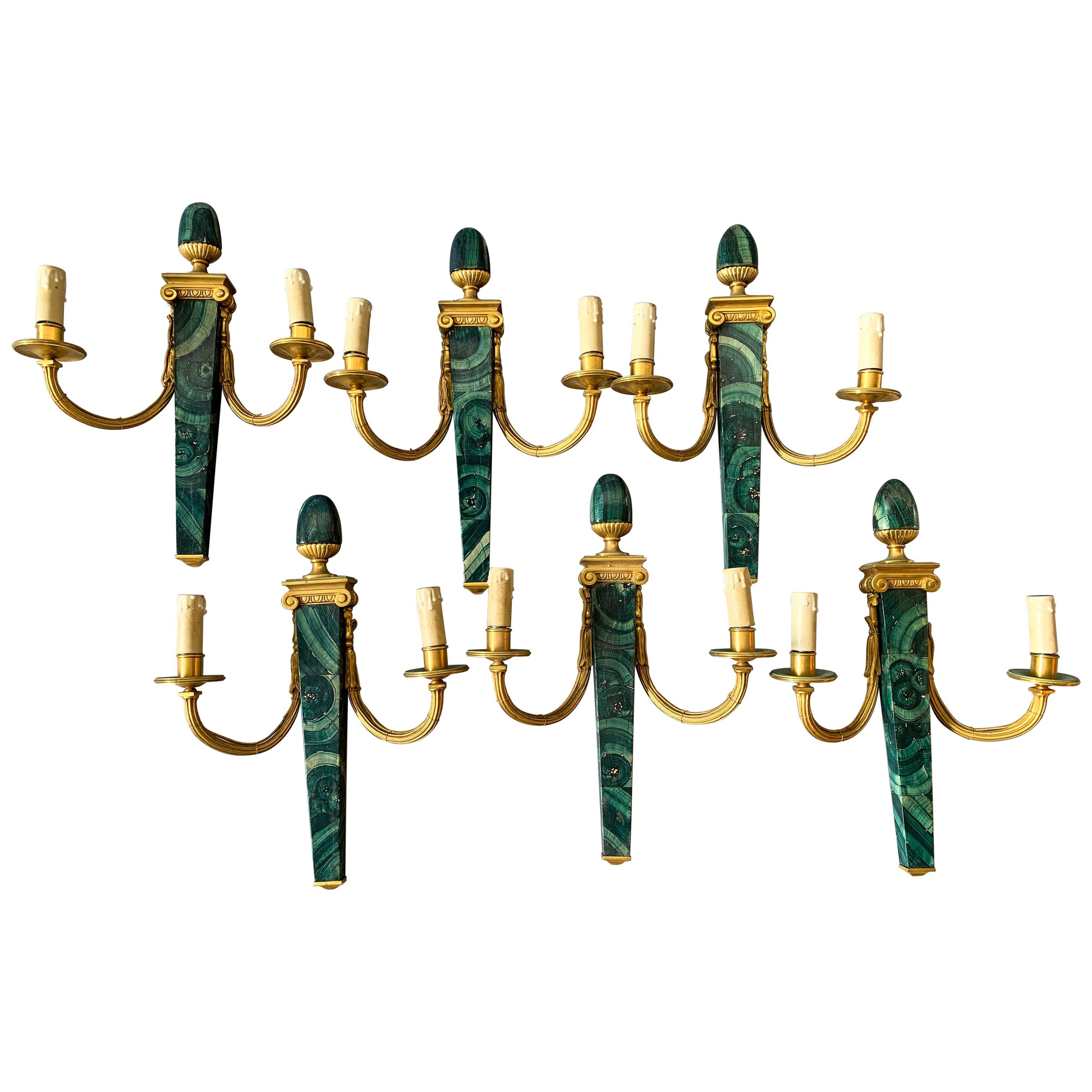 6 Available Hand Painted Faux Malachite Wall Sconces For Sale