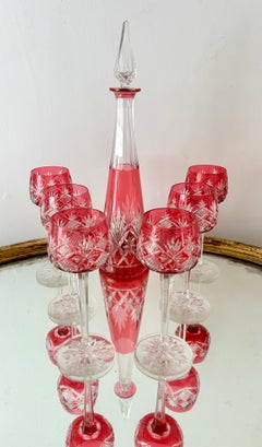 6 Baccarat pink crystal glasses & 1 St Louis crystal decanter - Art Deco -France