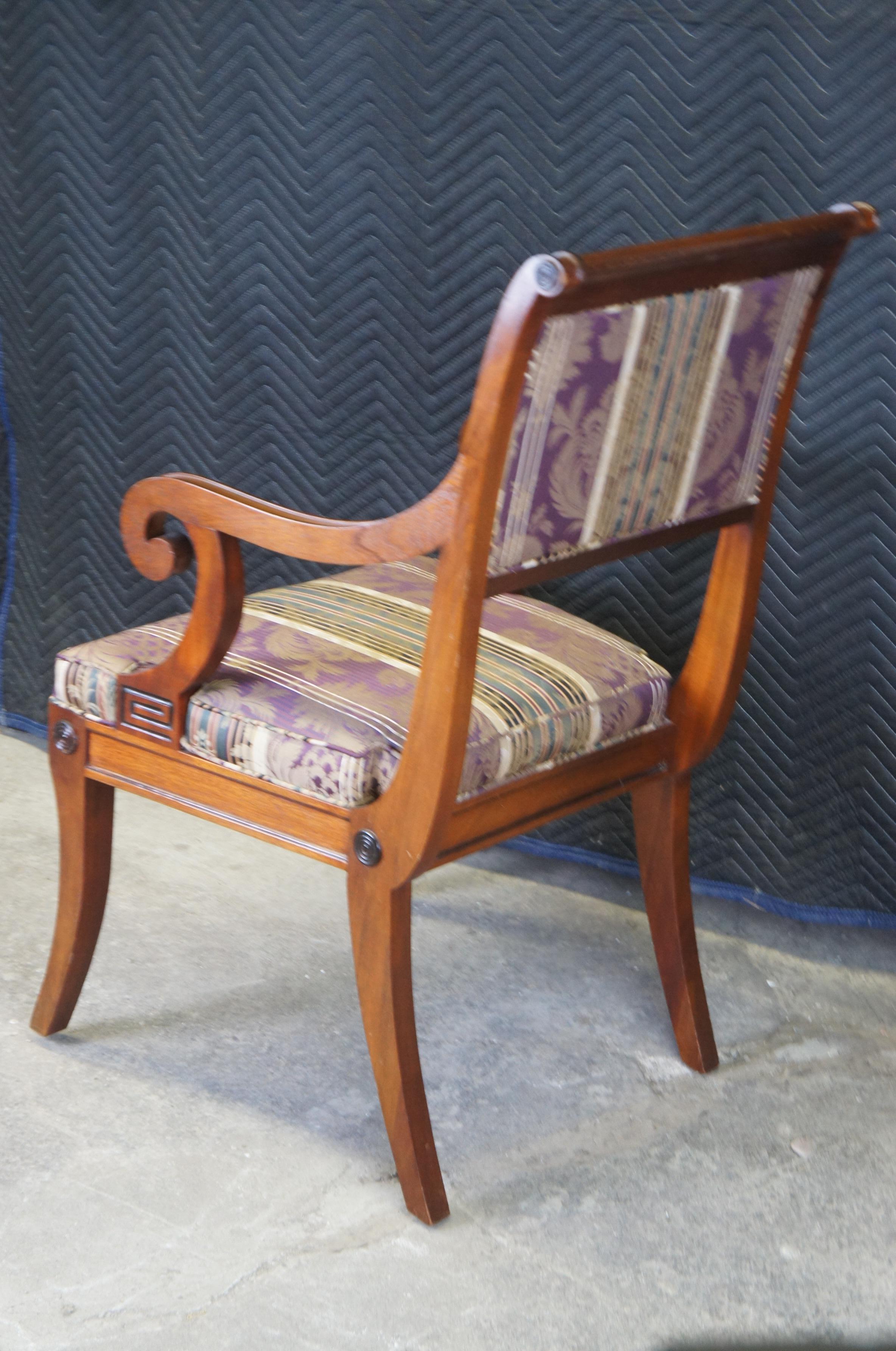 Upholstery 6 Baker Regency Klismos Style Carved Mahogany & Ebonized Greek Key Dining Chairs For Sale