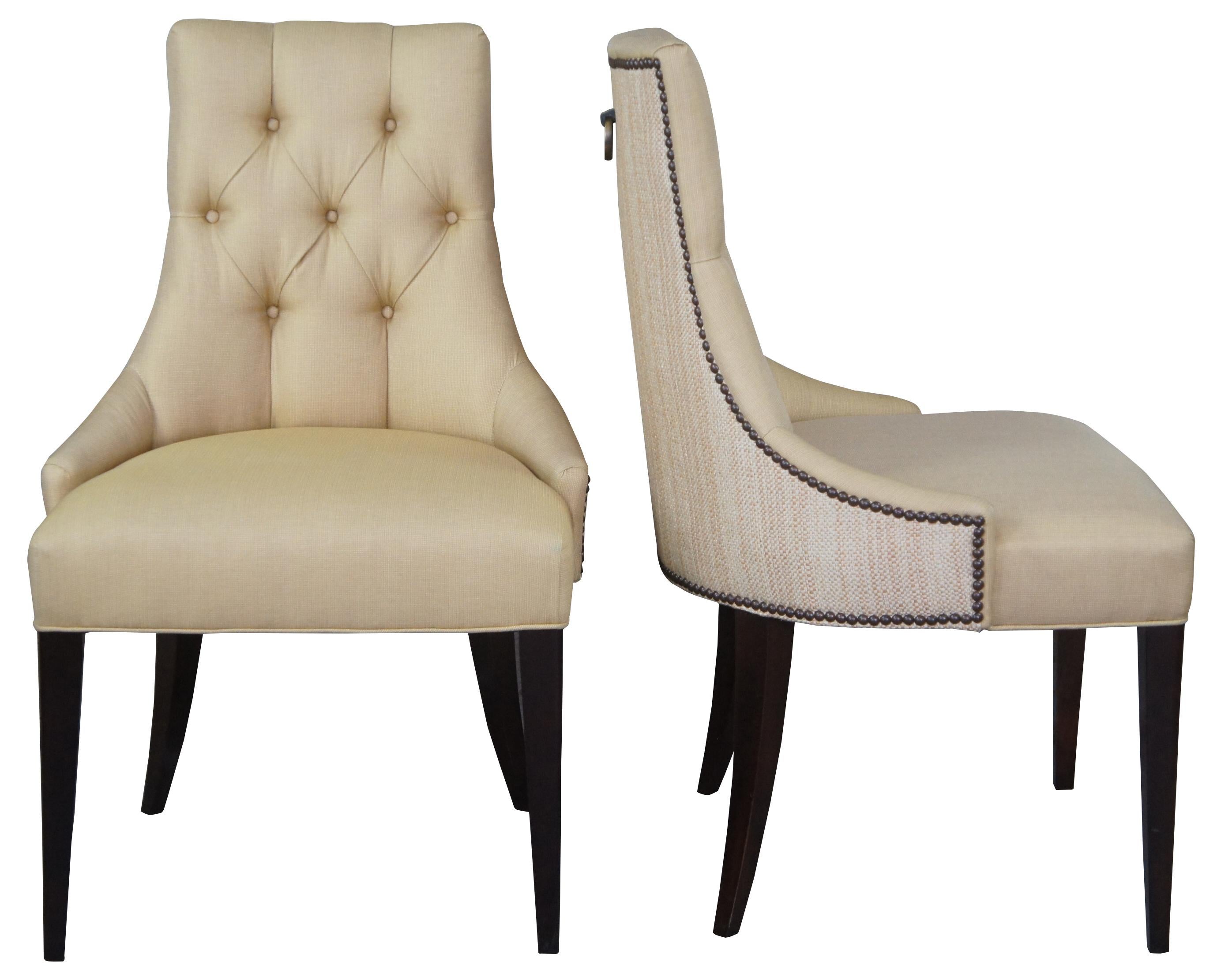 Baker Furniture Thomas Pheasant Ritz dining chairs

Inspired by the salon chairs of the 1940s. The perfect chair to mix with almost any wood frame dining furniture.

Upholstered tight seat and tufted back with metal pull along the back and nail
