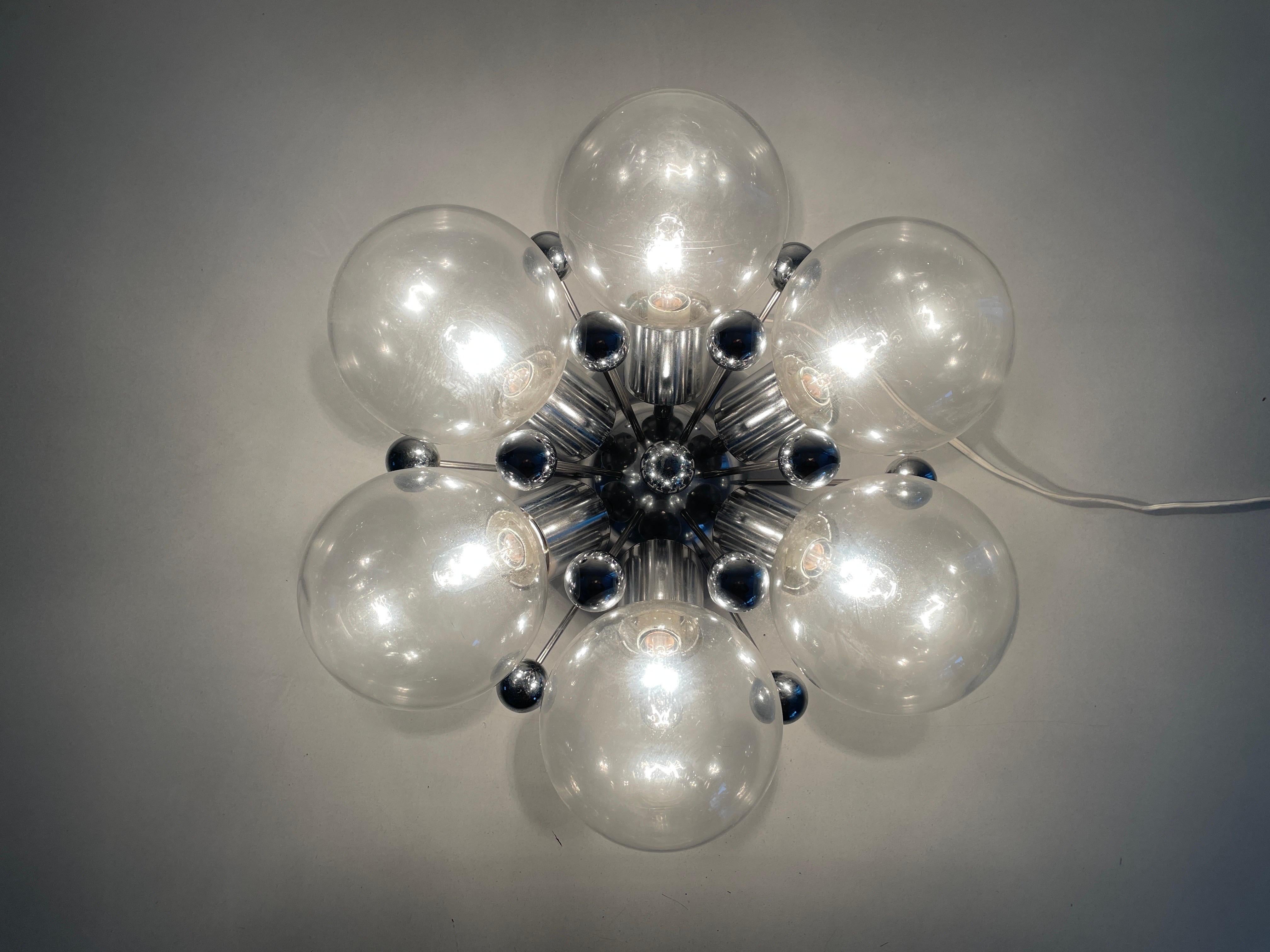 Lampe encastrée atomique à 6 boules en verre et chrome, années 1960, Italie en vente 4