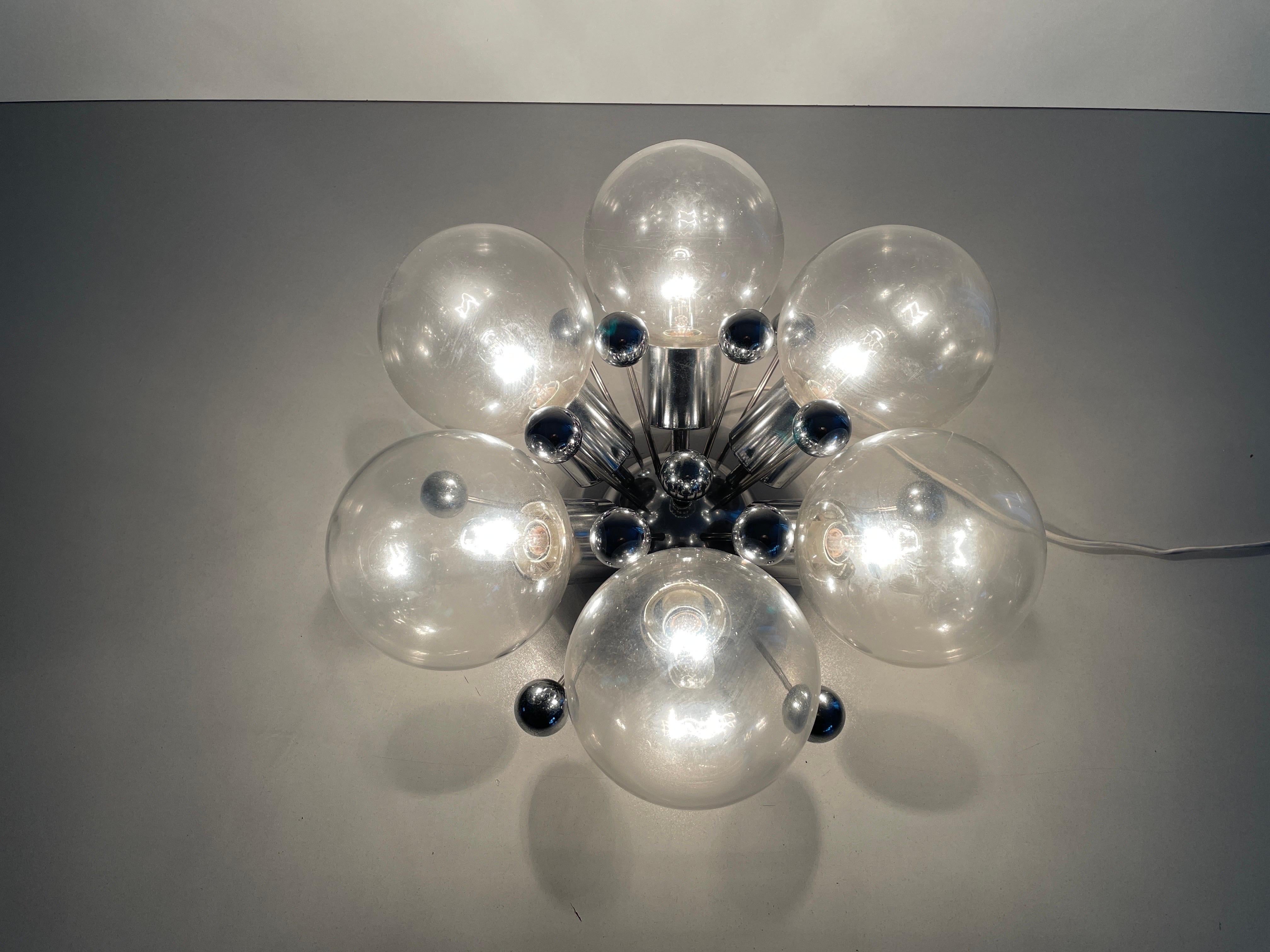Lampe encastrée atomique à 6 boules en verre et chrome, années 1960, Italie en vente 5
