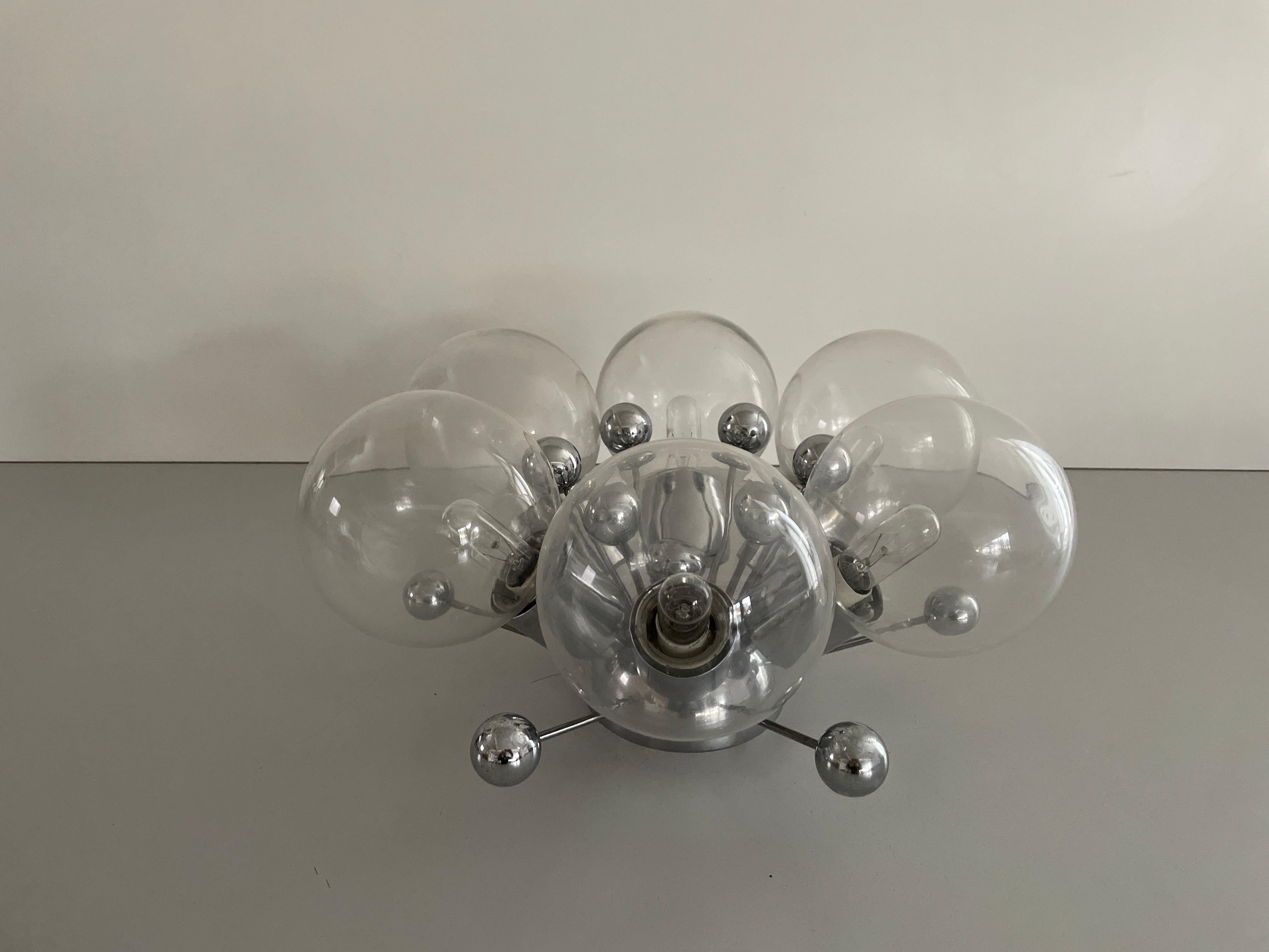 italien Lampe encastrée atomique à 6 boules en verre et chrome, années 1960, Italie en vente