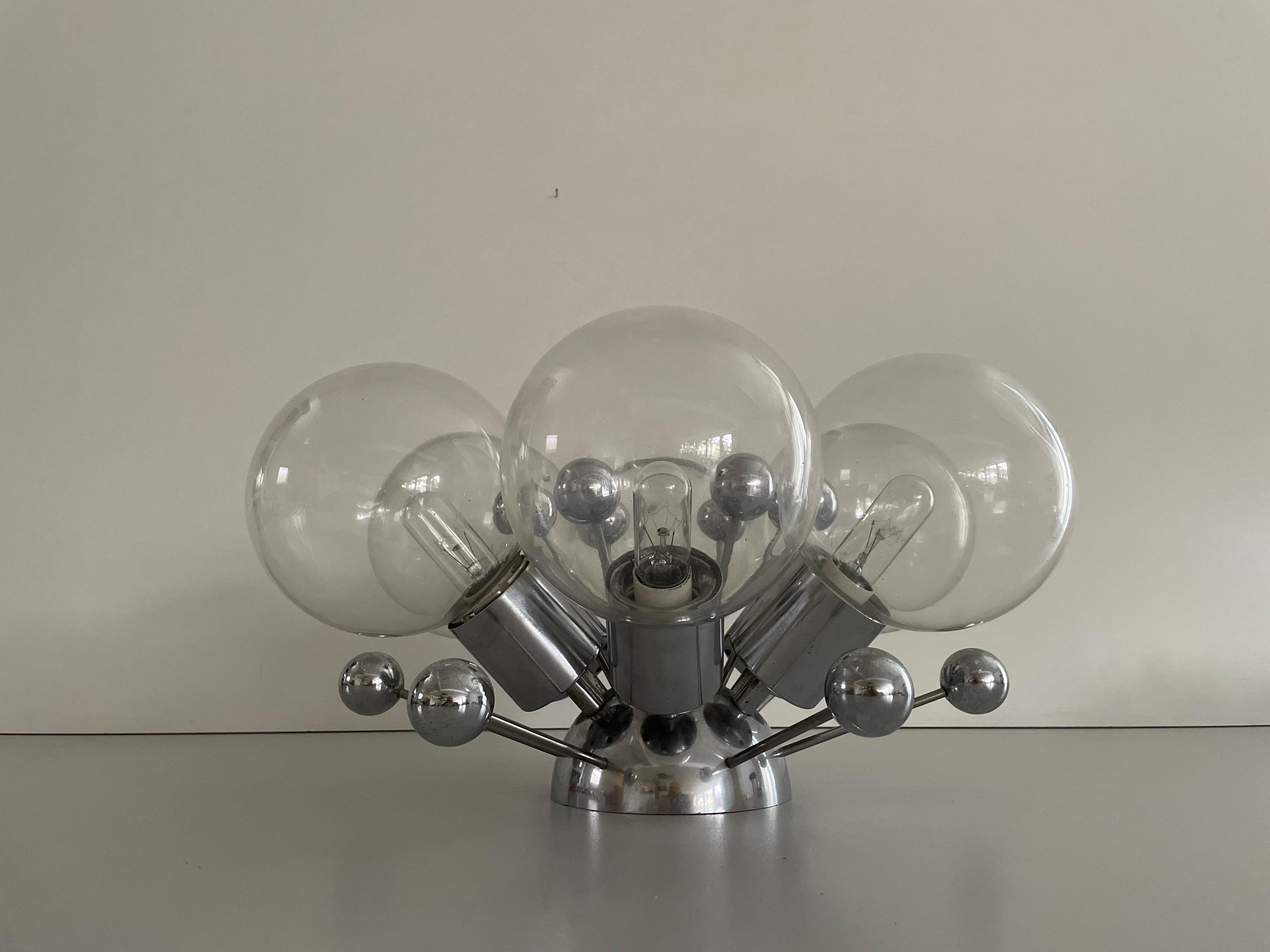 Milieu du XXe siècle Lampe encastrée atomique à 6 boules en verre et chrome, années 1960, Italie en vente