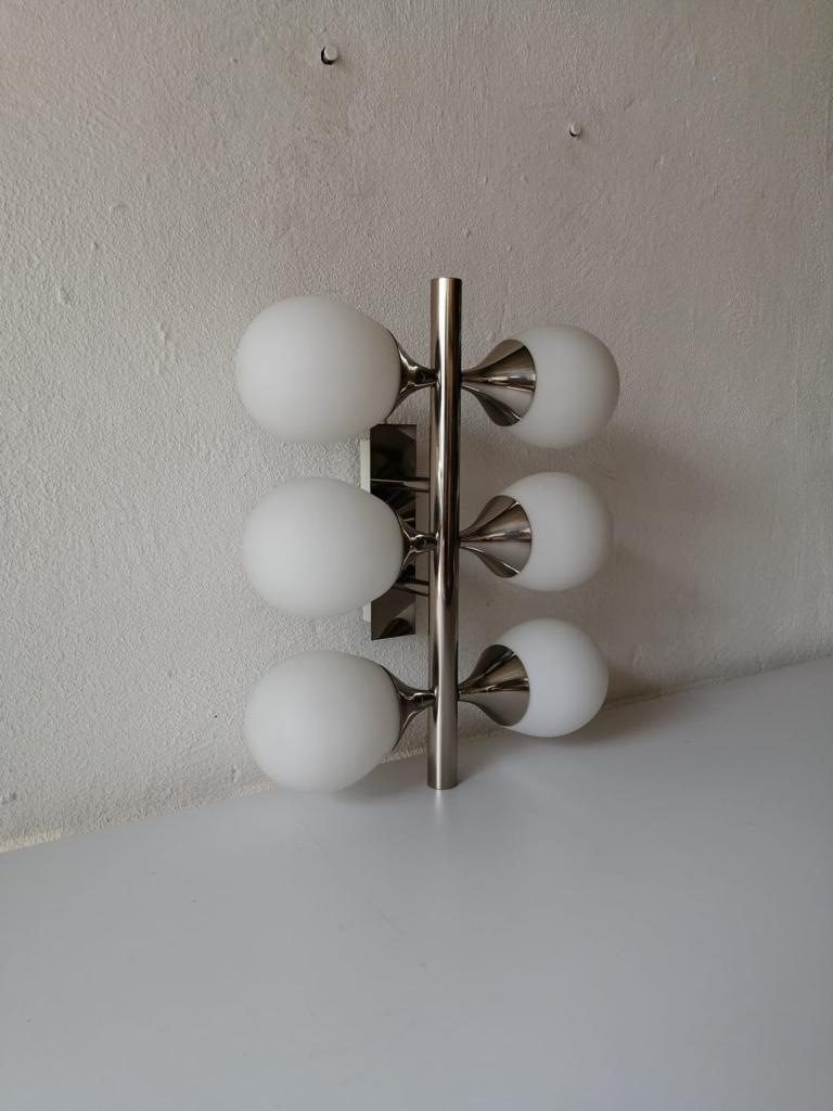 Late 20th Century 6 Opaline Glass Balls and Chrome Wall Lamp by Kaiser Leuchten, 1970s, Germany For Sale