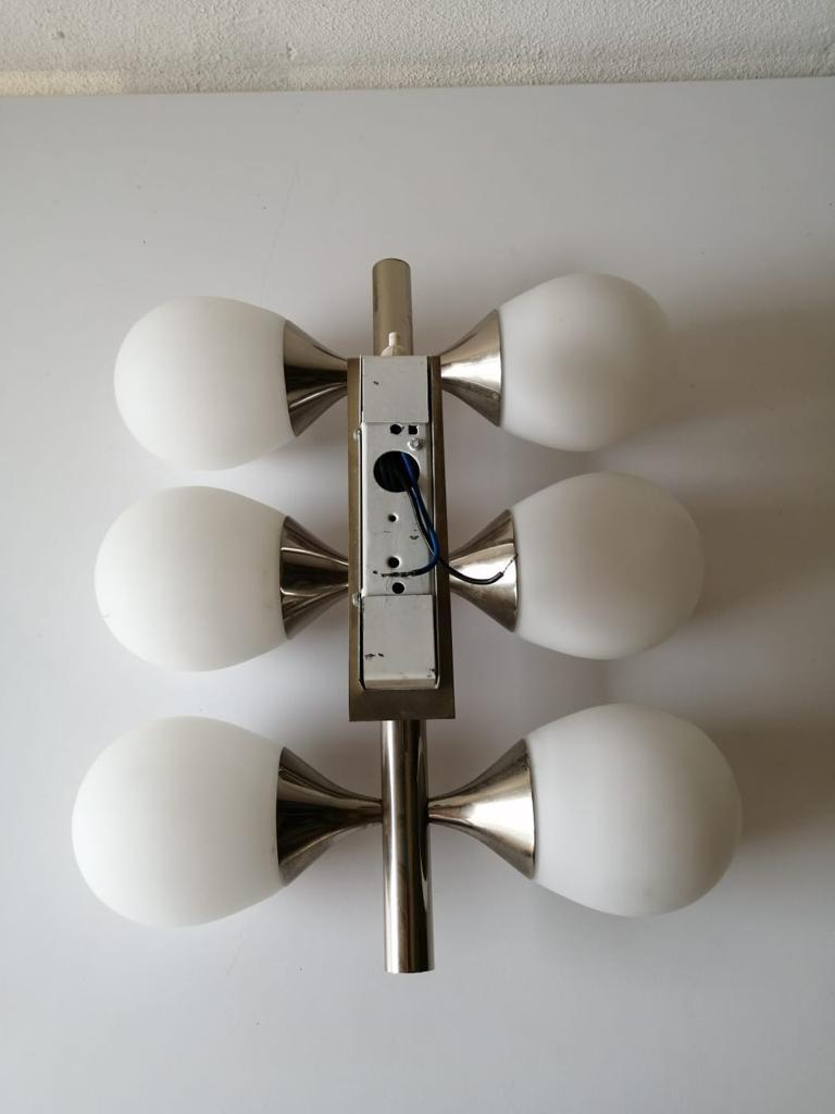 Metal 6 Opaline Glass Balls and Chrome Wall Lamp by Kaiser Leuchten, 1970s, Germany For Sale