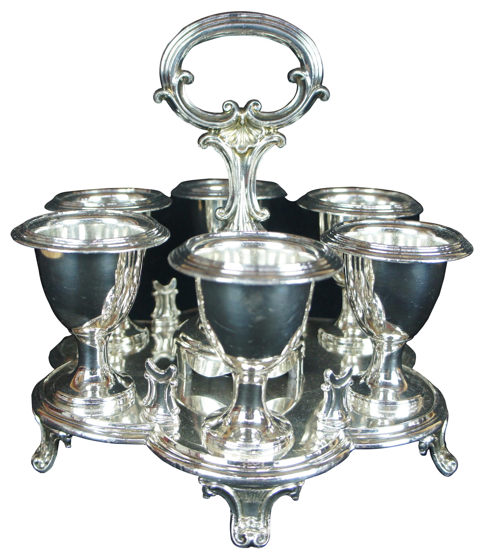 Baroque 6 verres à tasses Kiddush baroques en métal argenté et verres à liqueur judaïques Caddy en vente
