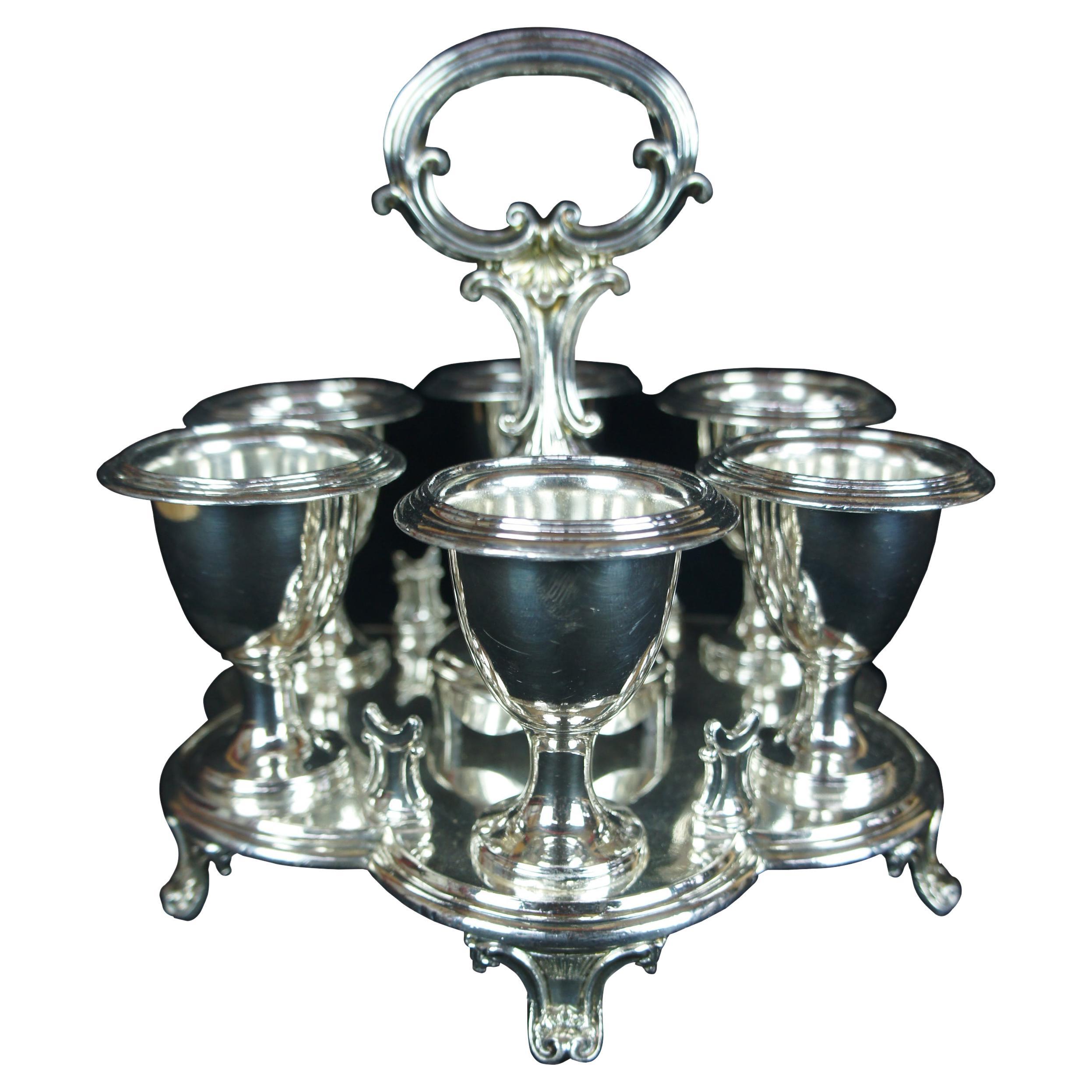 6 verres à tasses Kiddush baroques en métal argenté et verres à liqueur judaïques Caddy en vente