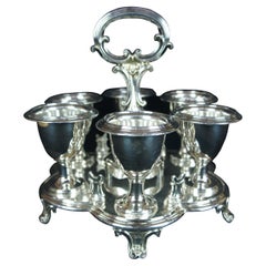 6 Baroque Silver Plated Kiddush Cup Goblets & Caddy Judaica Barware Shot Glasses