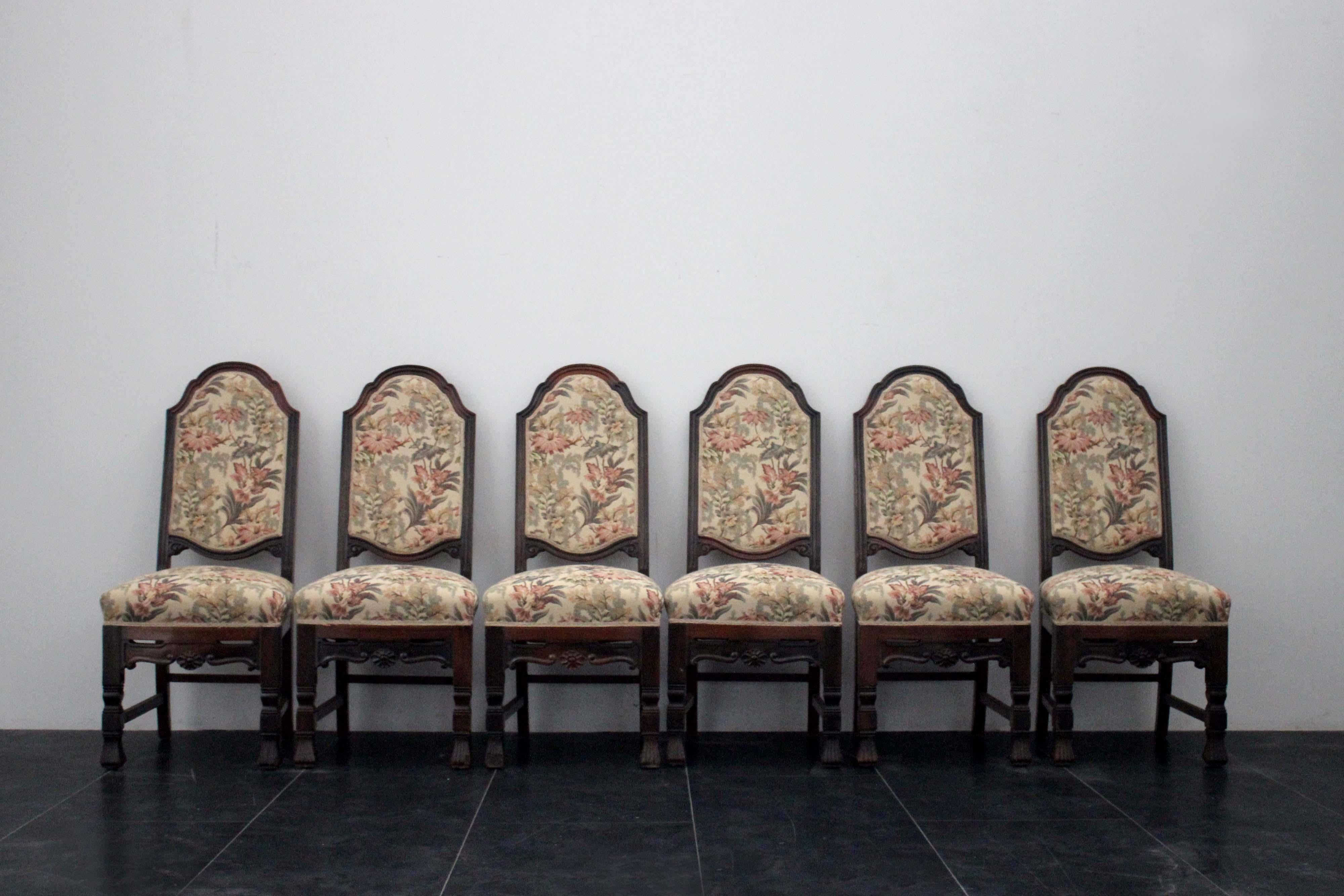 Solid and massive chairs in a brutal eclectic style, beechwood, floral tapestry fabric.