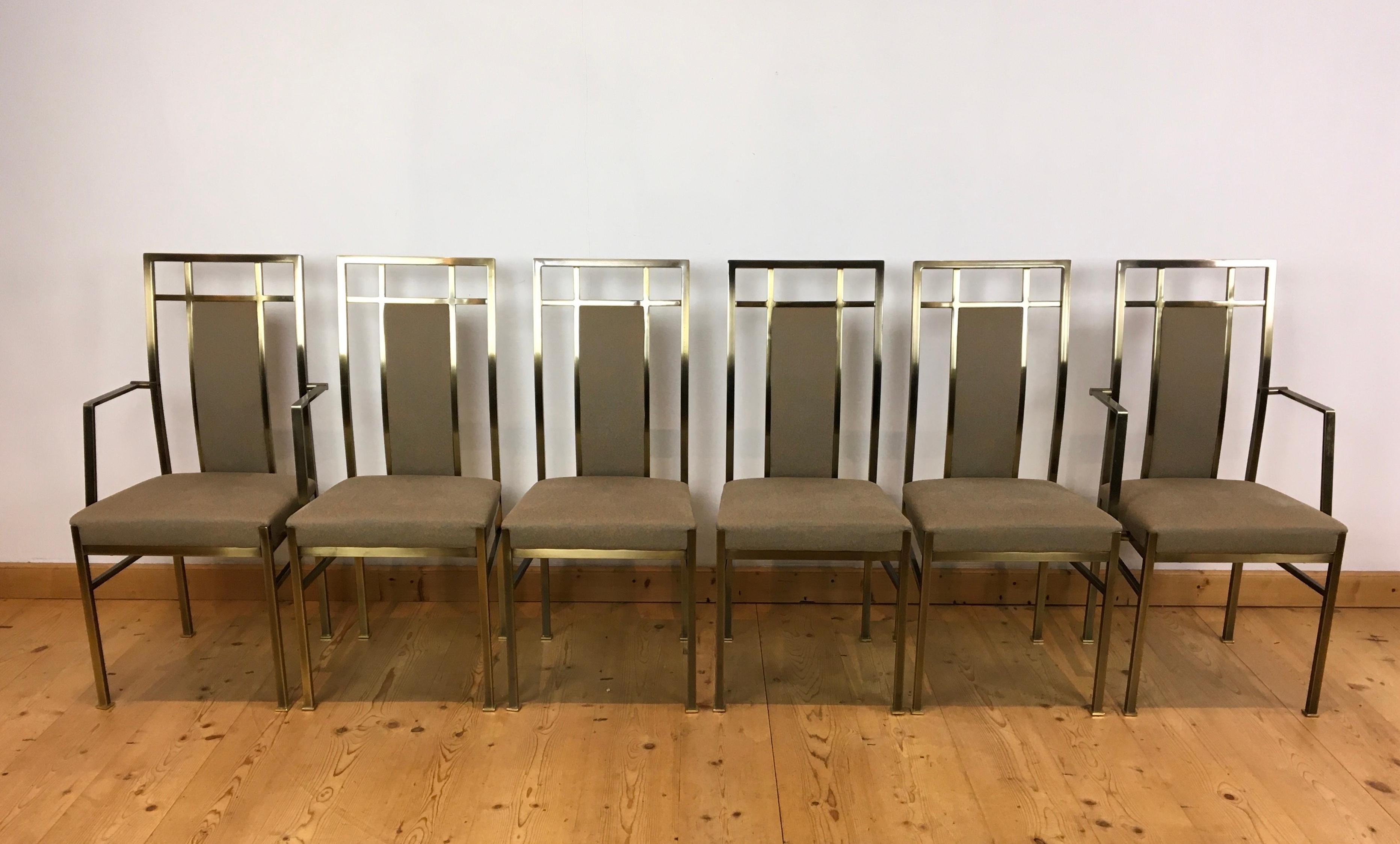 Set of 6 Belgo Chrome dining room chairs. 
Plated metal chairs covered with fabric on the seats and back support ( as well on the front and back ) The set consists of 4 chairs and 2 armchairs or head seats. Fabric has the color speckled brown -
