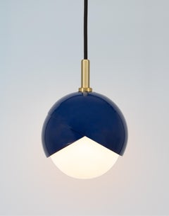 Benedict Pendant Light in Blue Powder Coat, Satin Brass, Black Cord, Small