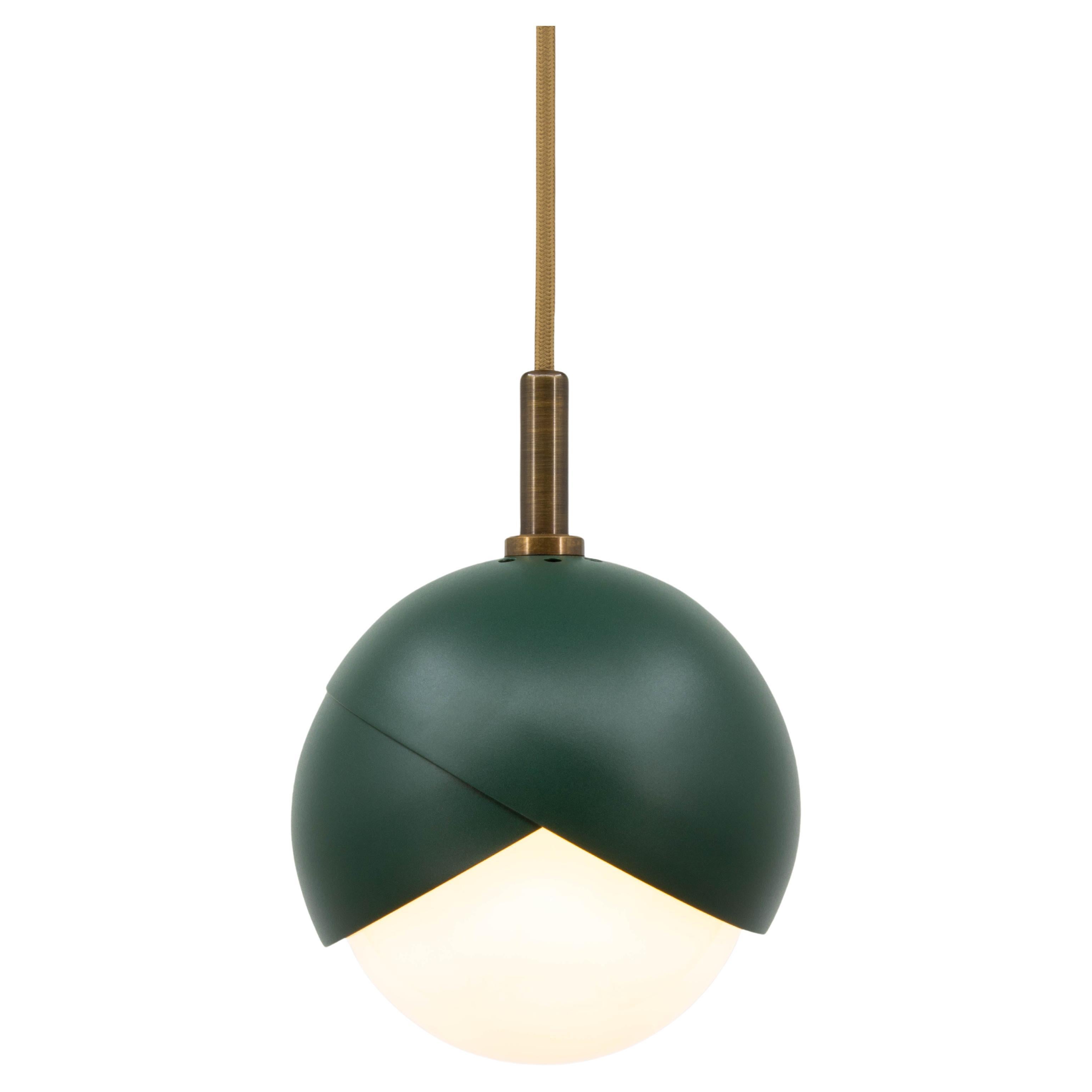 Benedict Pendant Light in Green Powder Coat, Brown Patina, Brown Cord, Small  For Sale