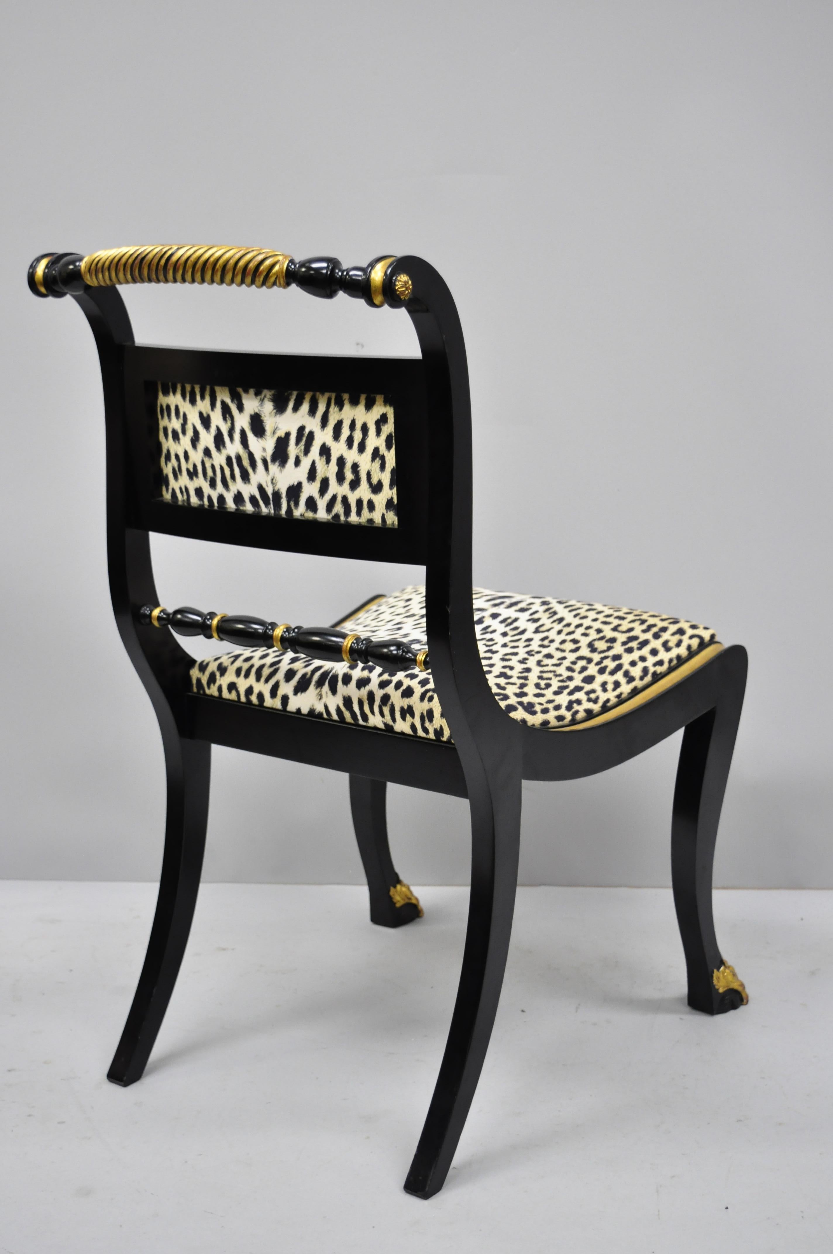 6 Black and Gold Regency Style Paw Feet Dining Chairs Leopard Fabric 2