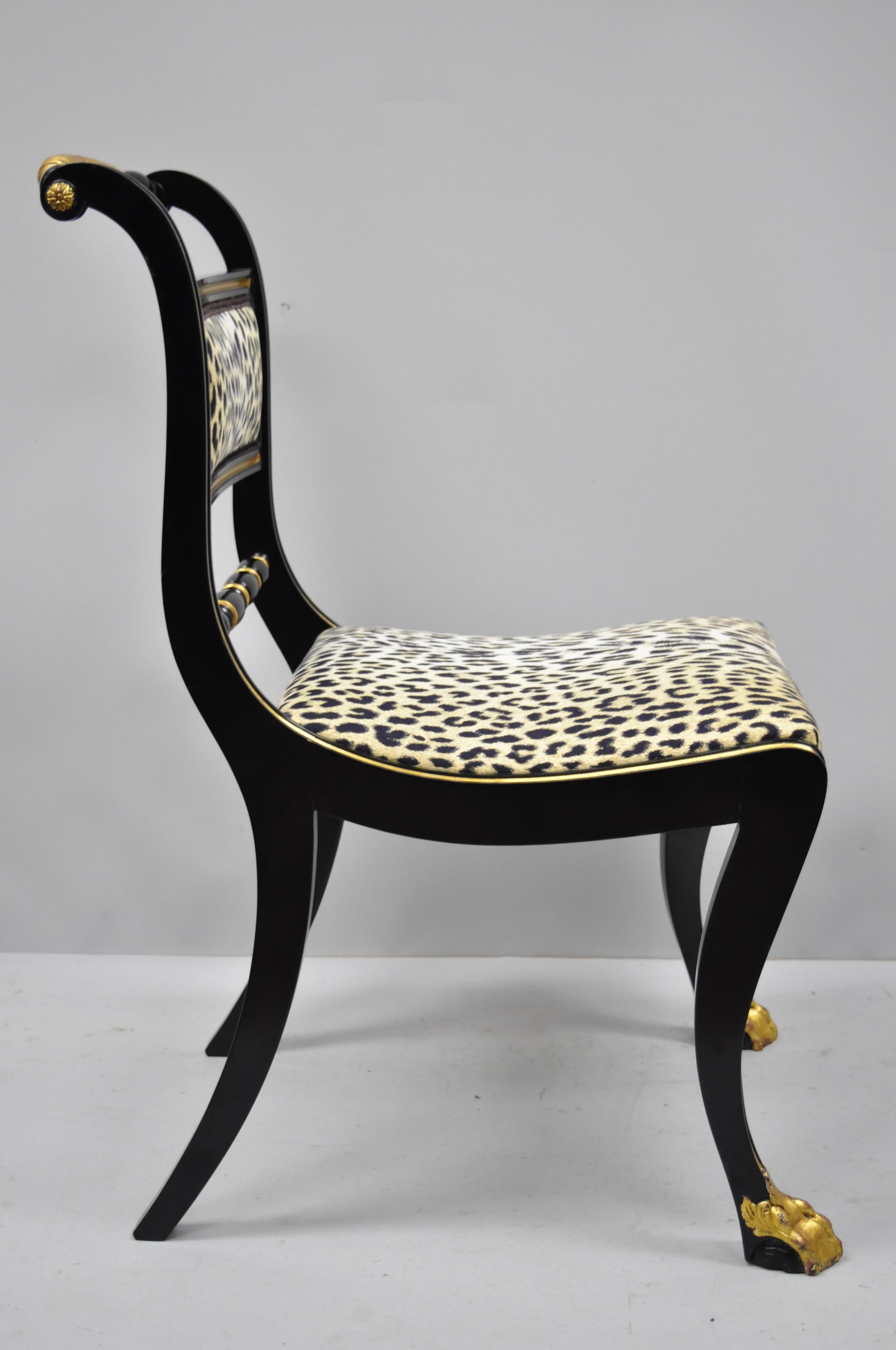 6 Black and Gold Regency Style Paw Feet Dining Chairs Leopard Fabric 3