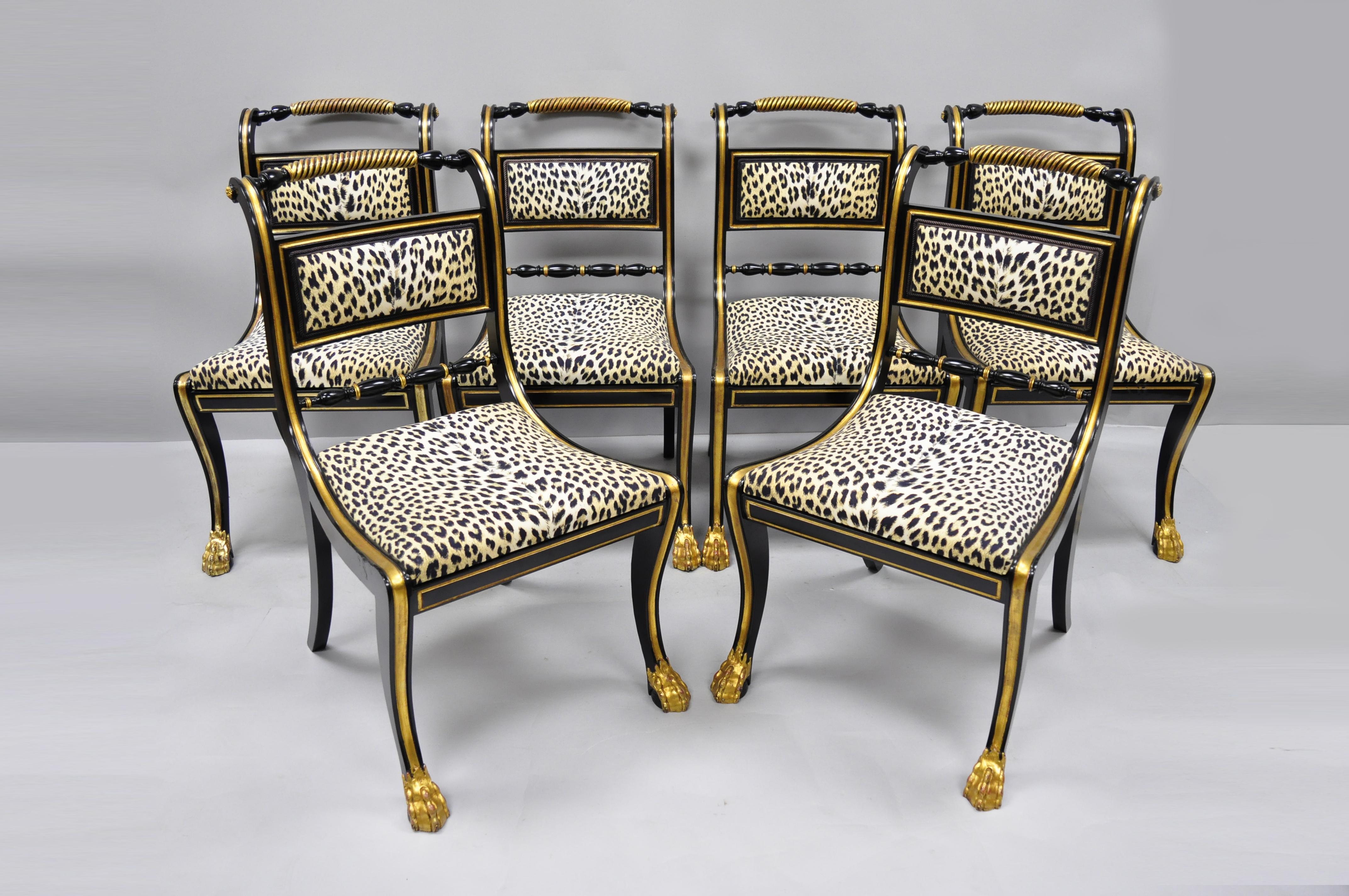 6 Black and Gold Regency Style Paw Feet Dining Chairs Leopard Fabric 4