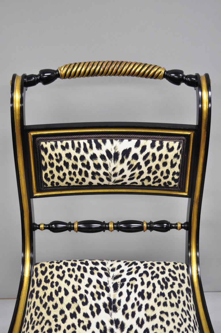 6 Black And Gold Regency Style Paw Feet Dining Chairs Leopard Fabric