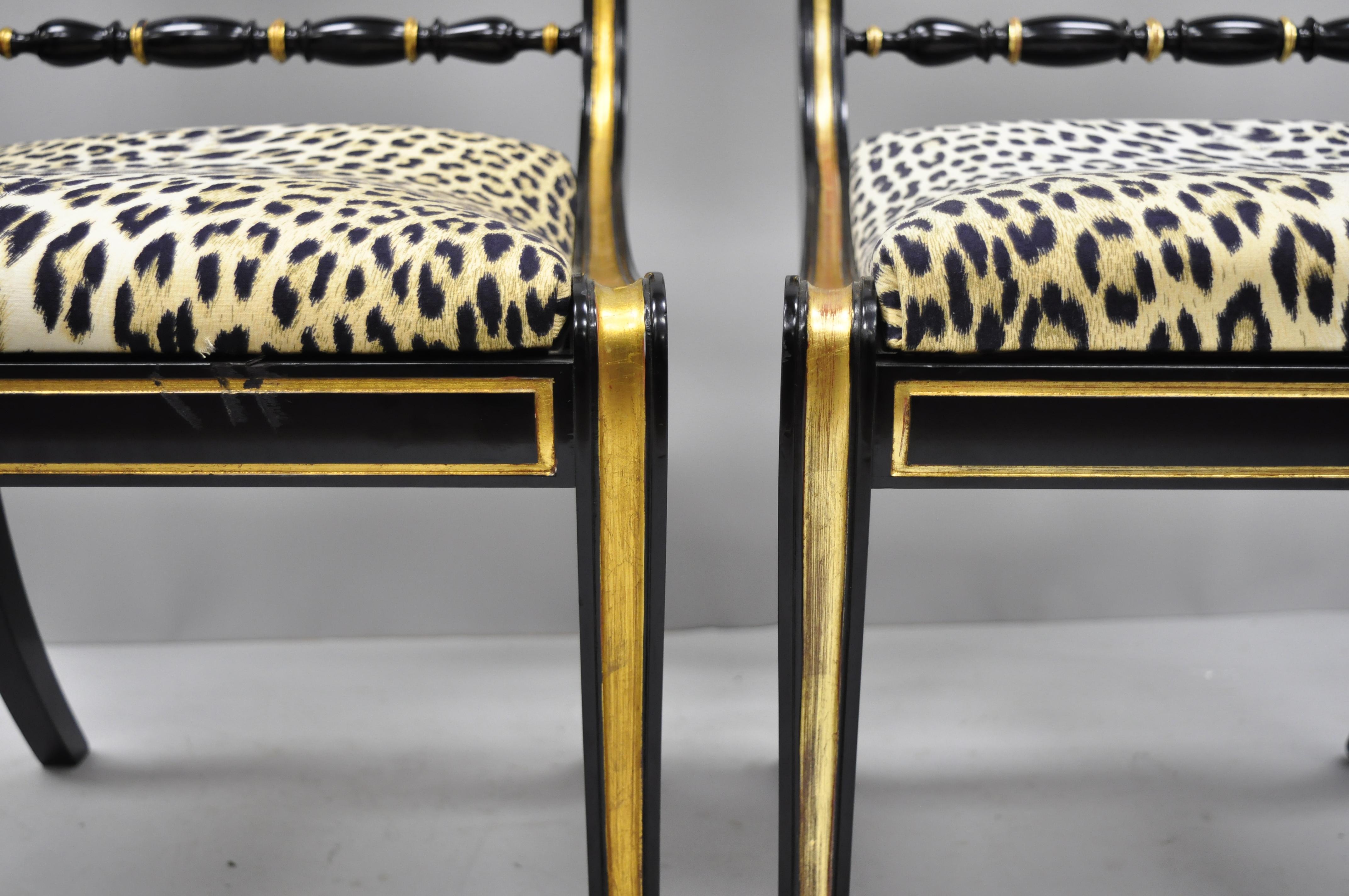 American 6 Black and Gold Regency Style Paw Feet Dining Chairs Leopard Fabric