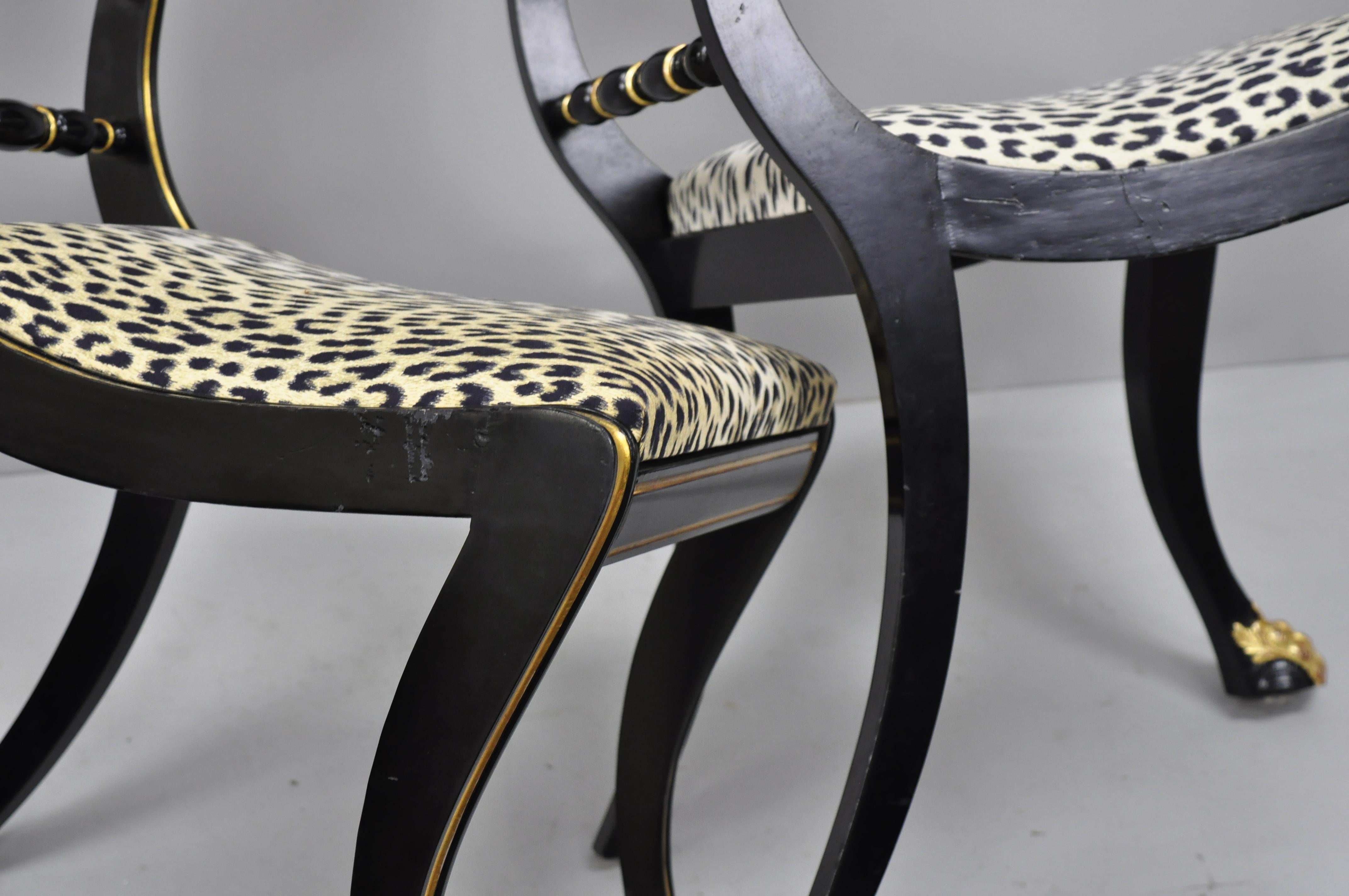 6 Black and Gold Regency Style Paw Feet Dining Chairs Leopard Fabric In Good Condition In Philadelphia, PA