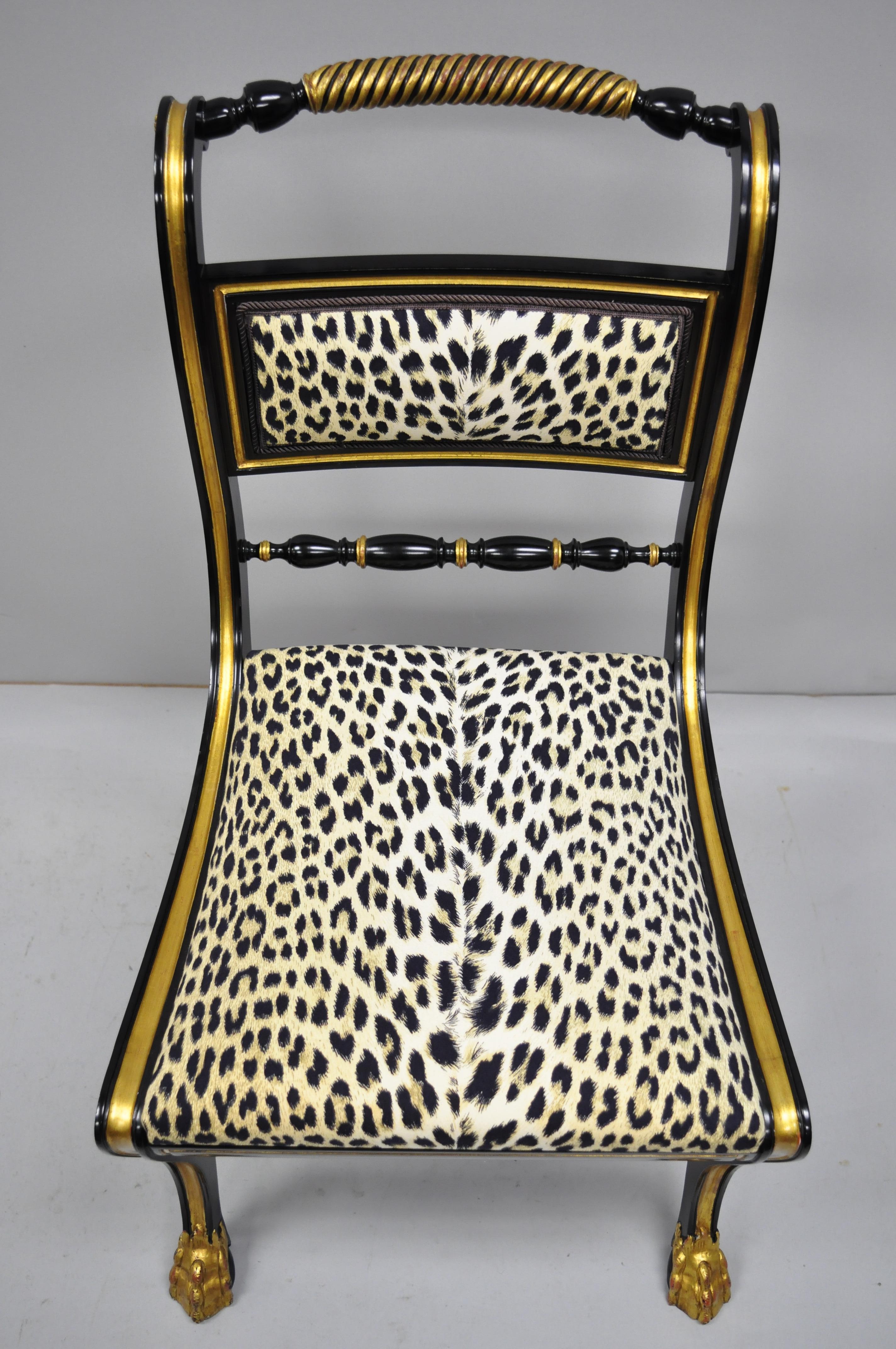 20th Century 6 Black and Gold Regency Style Paw Feet Dining Chairs Leopard Fabric